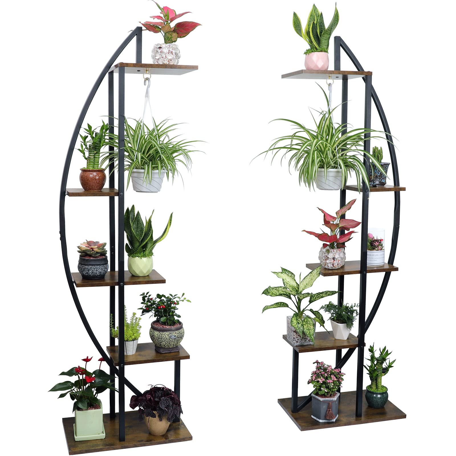 5-Tier Curved Metal Plant Stand with Hanging Ring - Tall Indoor Plant Shelf for Multiple Plants - Sturdy Widened Base for Living Room, Balcony & Home Decor