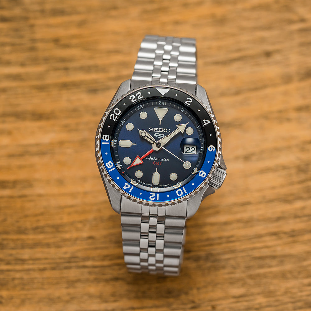 SSK003 Seiko 5 Sports GMT Automatic Watch 42.5mm Blue Dial Stainless Steel Bracelet - Perfect for Travel, Diving & Everyday Wear