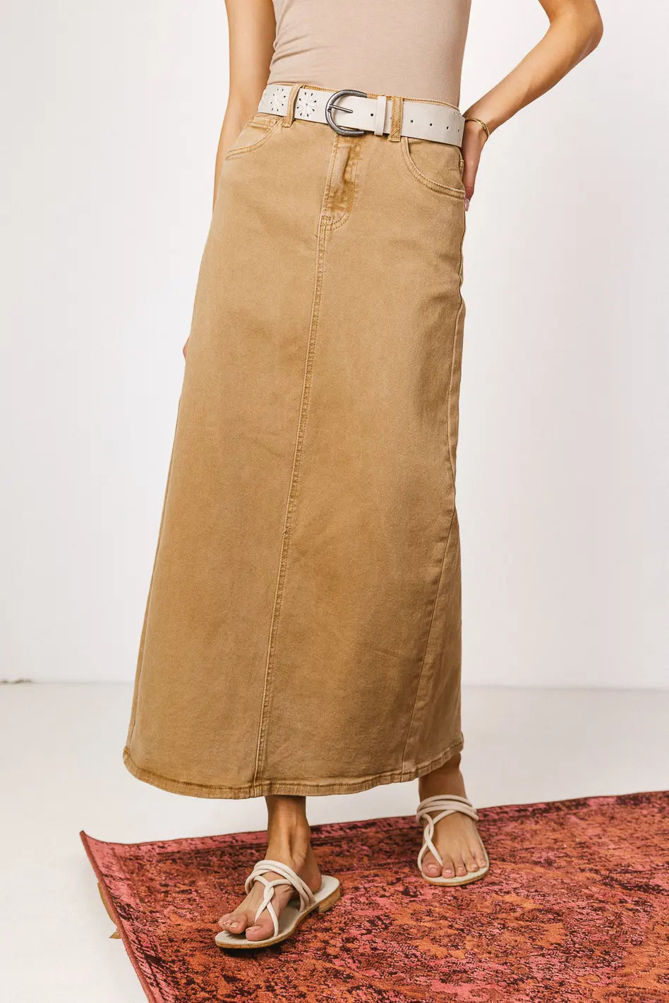Harley Denim Midi Skirt for Women - Mocha Brown High Waist A-Line Denim Skirt | Vintage Style Casual Skirt | Perfect for Spring Outfits, Date Nights & Office Wear