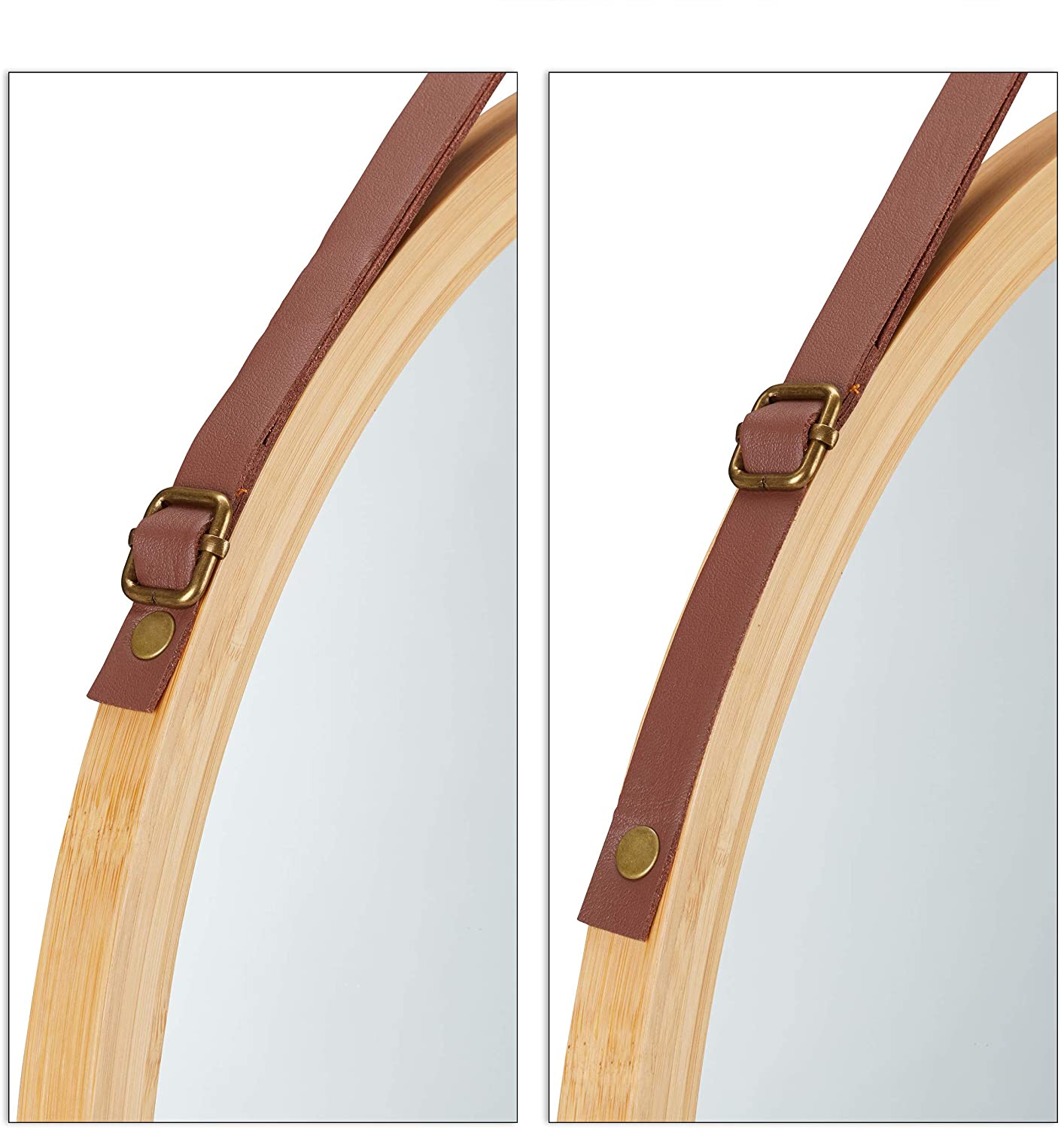 45cm Round Hanging Wall Mirror with Solid Bamboo Frame & Adjustable Leather Strap - Perfect for Bathroom, Bedroom, and Entryway Decor
