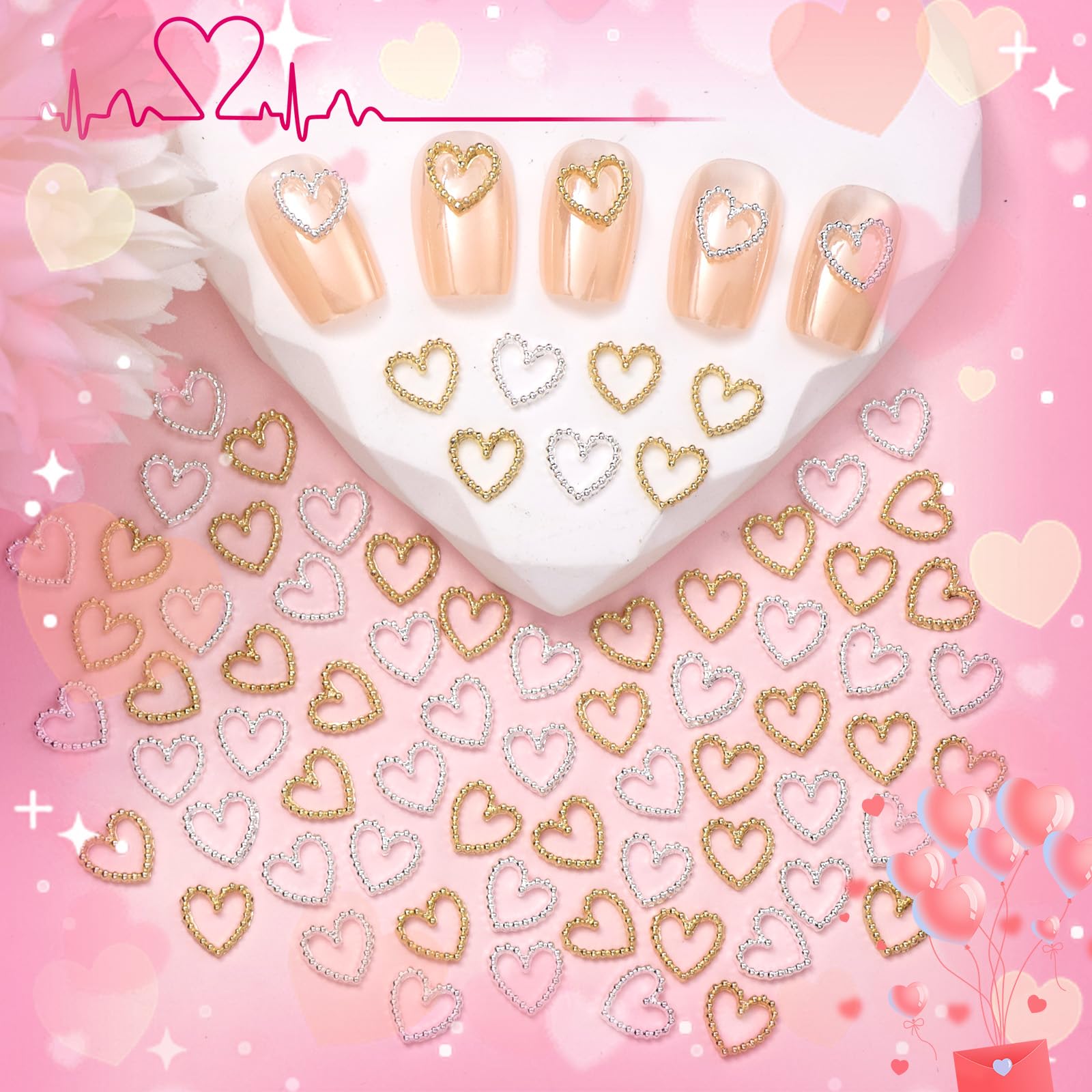 80Pcs Gold & Silver Heart Nail Art Charms - Romantic 3D Alloy Heart Nail Decorations for Women | DIY Nail Art Designs, Wedding & Valentine's Day Nail Accessories