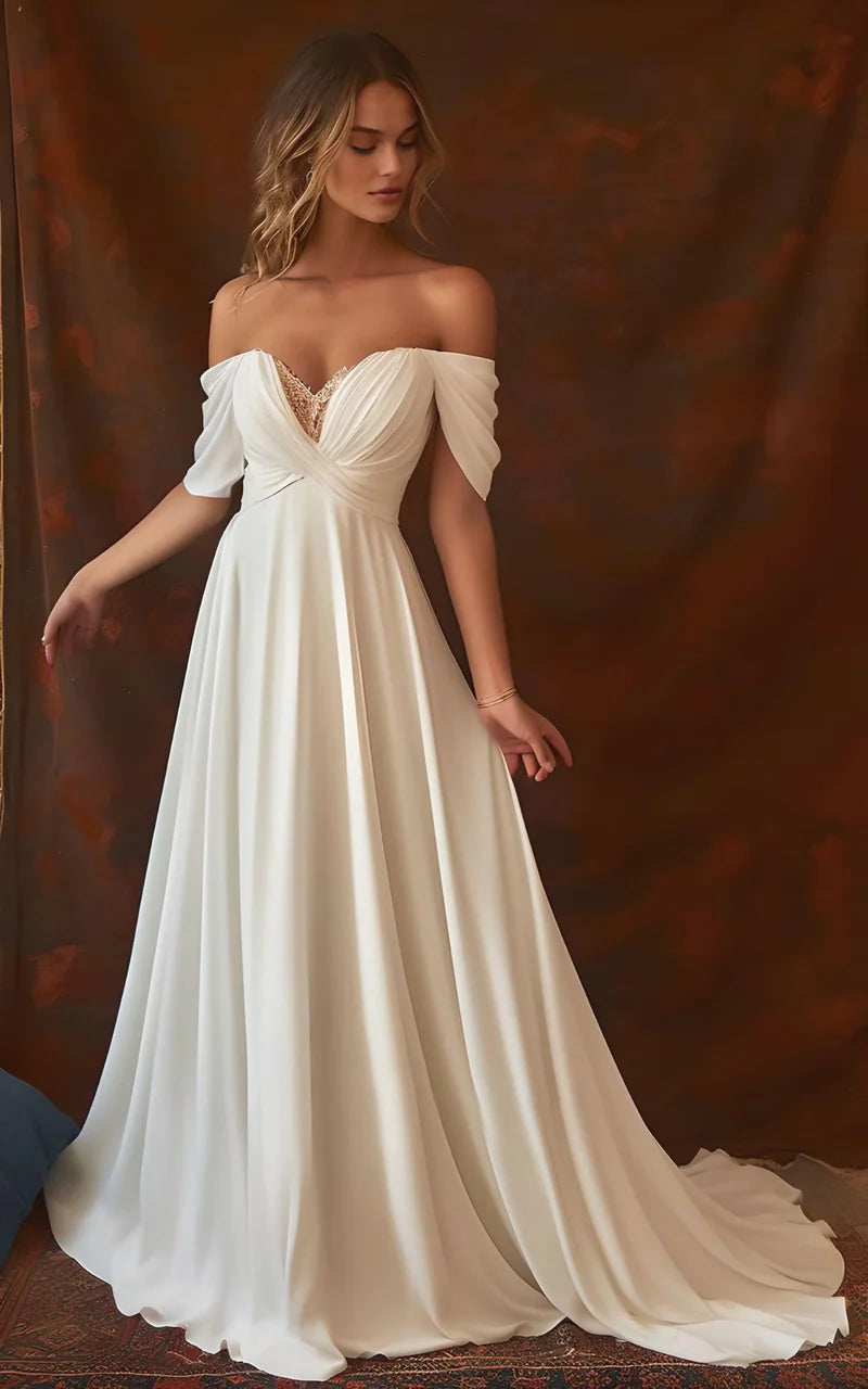 Elegant A-Line Chiffon Sleeveless Off-the-Shoulder Wedding Dress with Ruching Detail - Perfect for Beach Weddings, Vow Renewals & Romantic Photoshoots