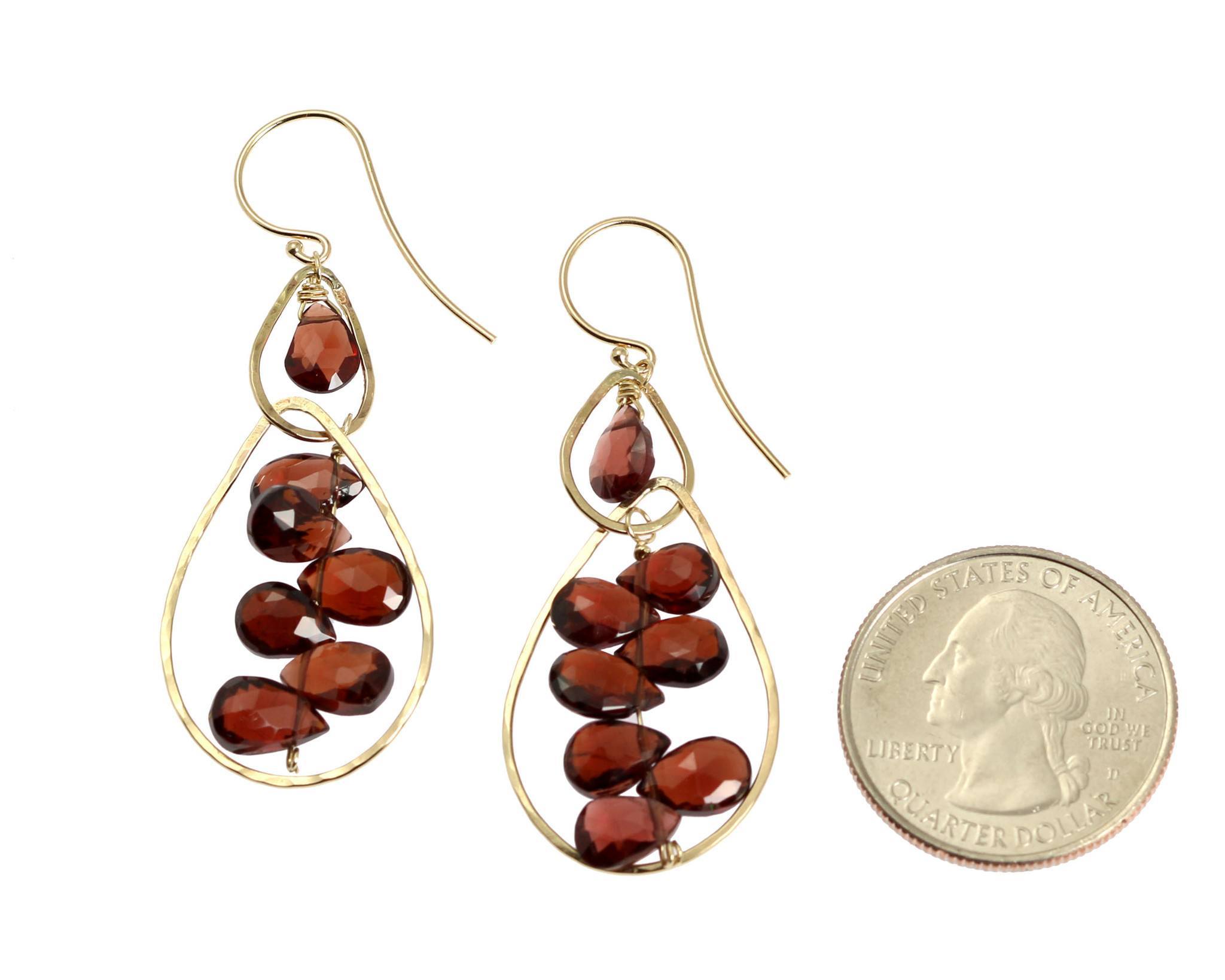 14K Gold Hammered Earrings with Garnet Gemstones - Elegant Dangle Earrings for Women, Perfect for Weddings, Parties & Special Occasions