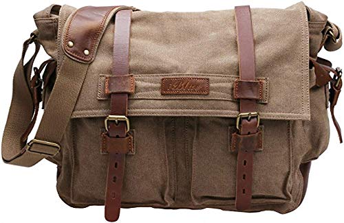 TINTAO Men's Canvas & Leather Messenger Bag - Durable Laptop Shoulder Bag for Work & Travel (Khaki) - Perfect for Office, Commuting & Business Trips