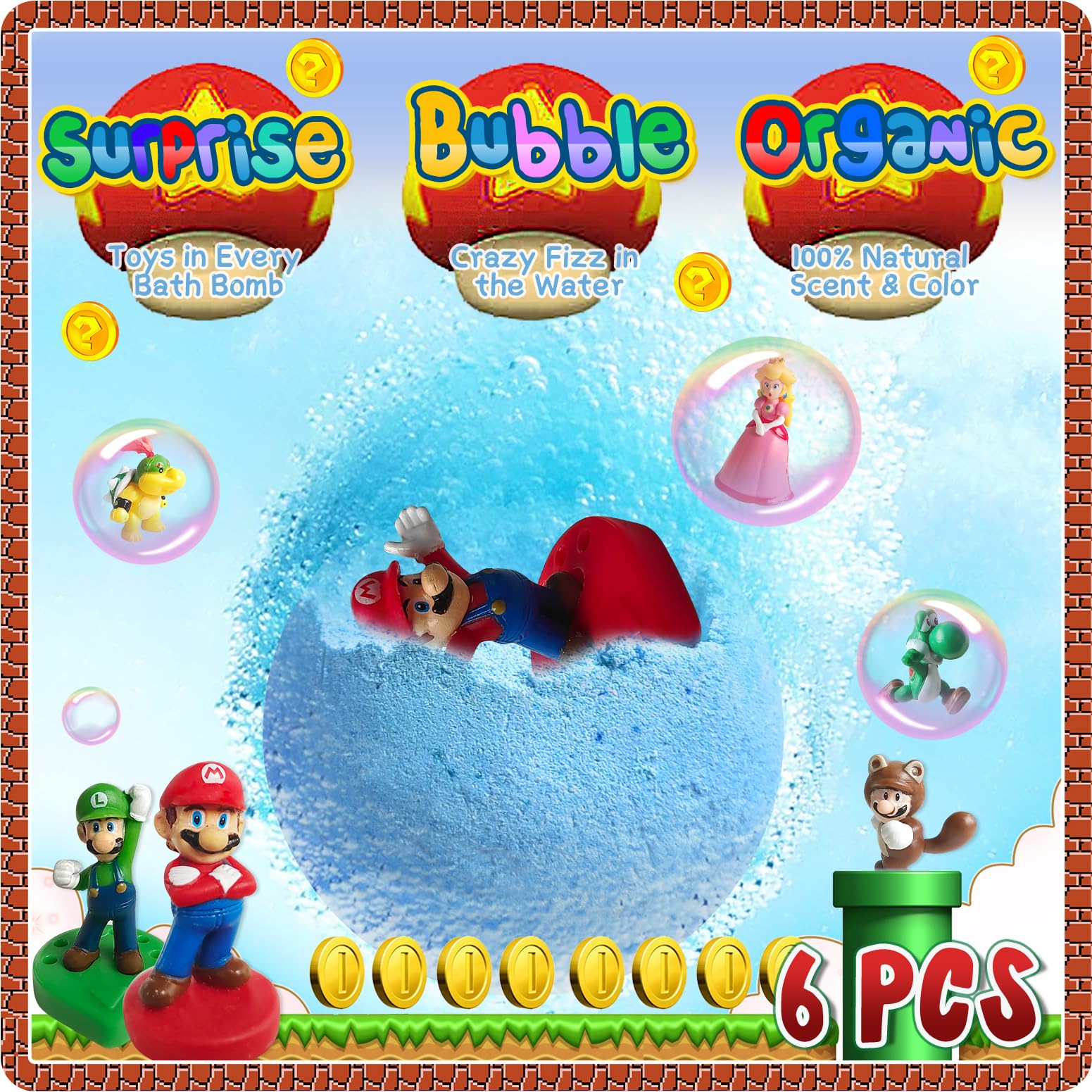 XXL Mario Bath Bombs with Toys Inside for Kids - Organic, Natural Essential Oils Rich Bath Bombs Gift Set for Dry Skin Moisturizing - Perfect for Girls & Boys Spa Bath, Birthday Gifts & Relaxation Time