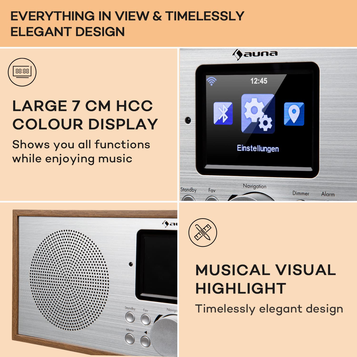Auna DAB Radio with Bluetooth, DAB/DAB+/FM Digital Radio, Stereo Speakers, HCC Display, Streaming, Alarm Clock, 5h Battery, Portable Mains Powered for Home, Office, and Travel Use