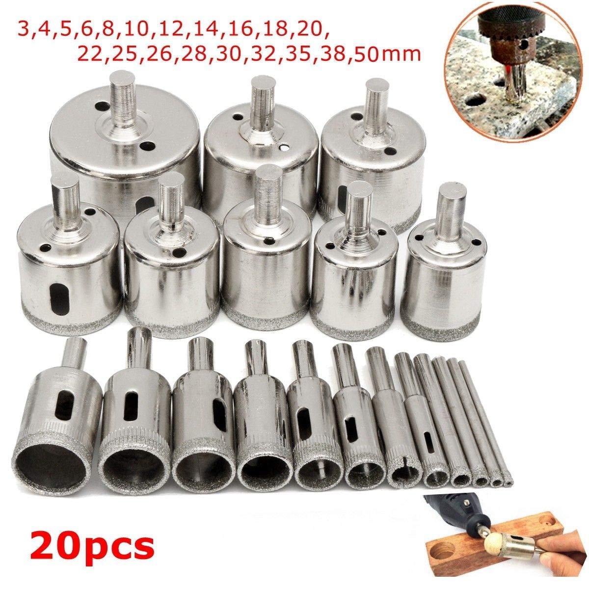 20 Pcs 3-50mm Diamond Drill Bit Set for Glass, Marble, Granite - Hole Saw Cutter Tool for DIY Projects, Jewelry Making & Home Renovation