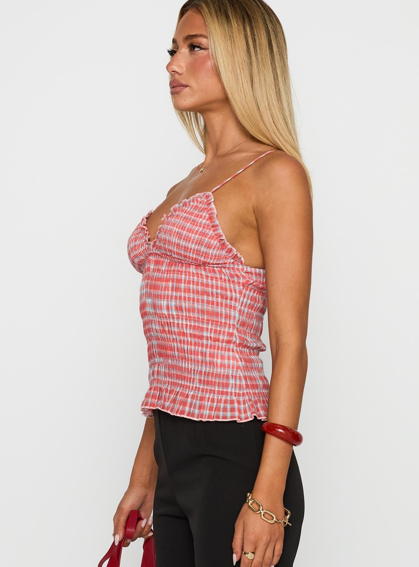 Pretty Ruched Red Gingham Top for Women | Flattering Summer Blouse | Perfect for Dates, Parties & Beach Outfits