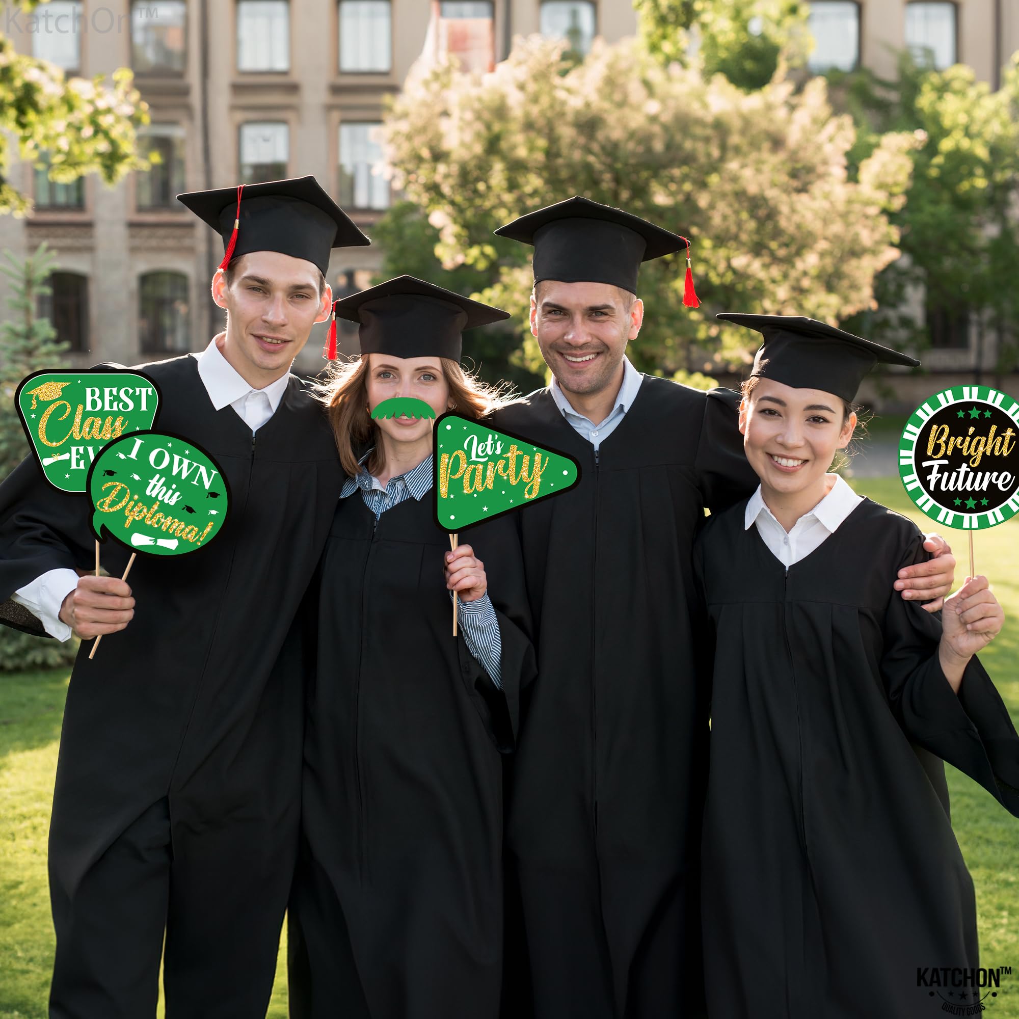 KatchOn 2025 Graduation Photo Booth Props - 30-Piece Glitter Decor Set (Black & Green) | Class of 2025 Party Supplies for Graduation Photoshoots, Ceremony Backdrops & Senior Night Celebrations