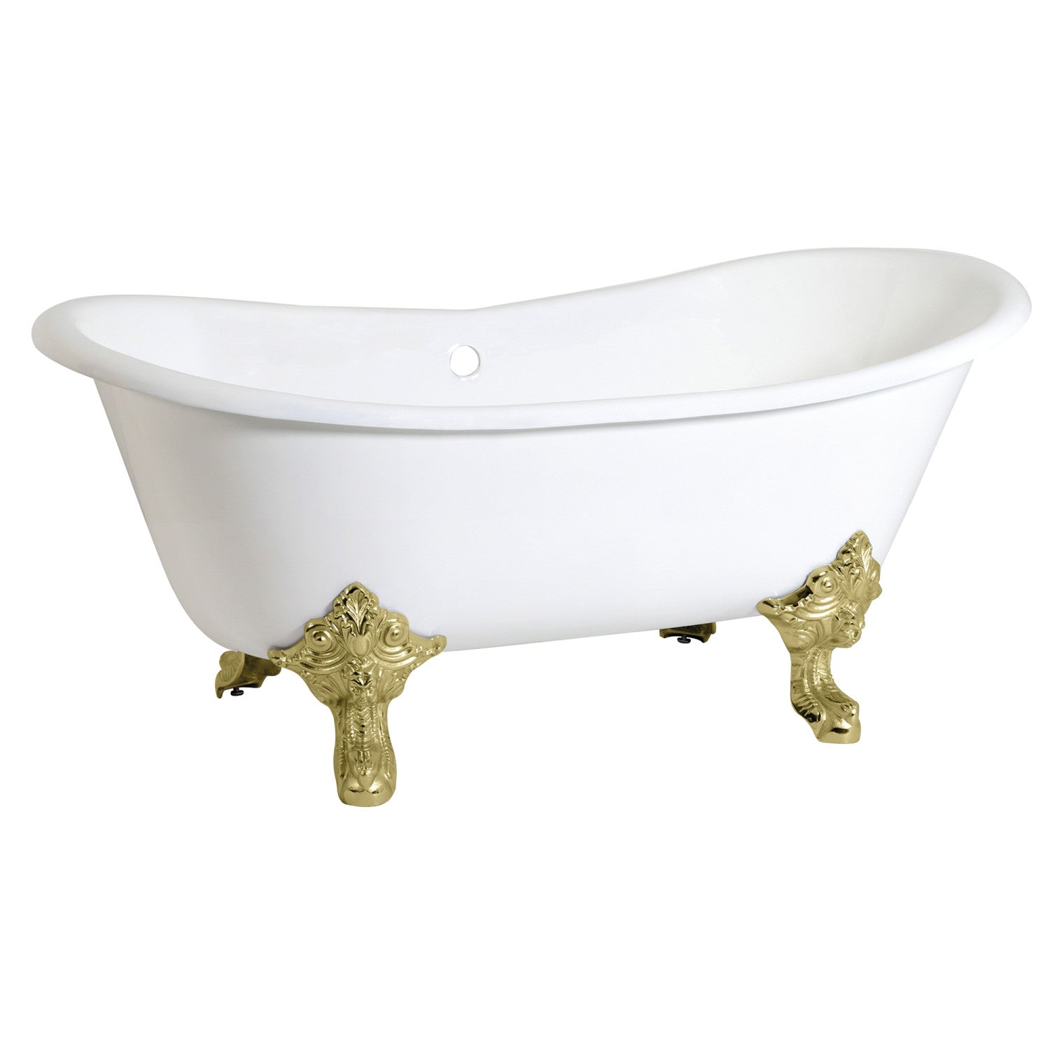 Aqua Eden 67 Inch White Cast Iron Oval Double Slipper Clawfoot Bathtub - No Faucet Drillings, Polished Brass Finish | Vintage Freestanding Soaking Tub for Luxury Bathroom & Spa Retreat