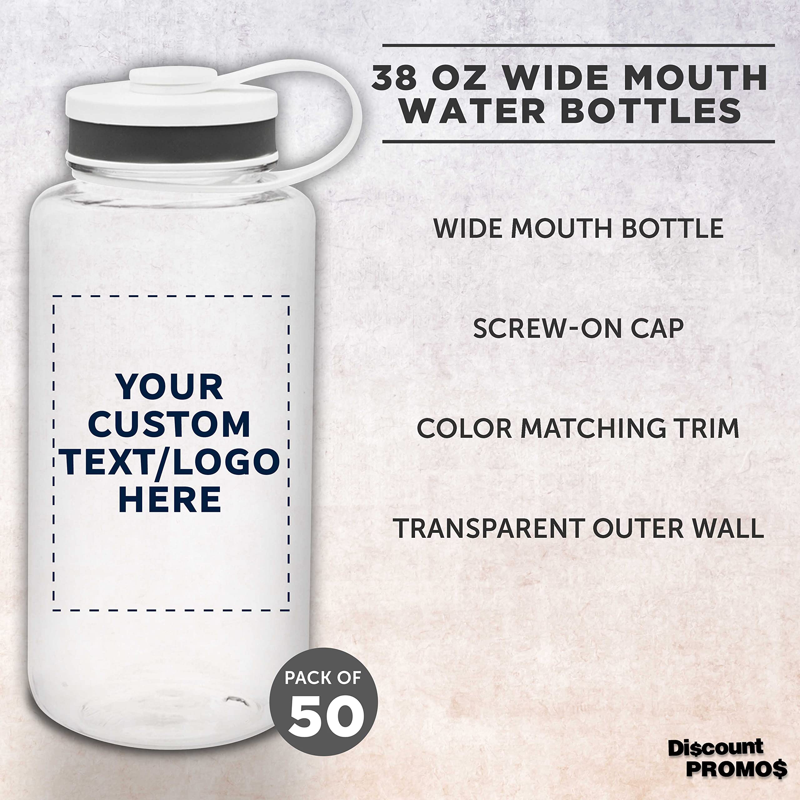 Custom 38 oz Plastic Sports Water Bottles with Flip Lid - Bulk Pack of 50 - Personalized Hydration Bottles for Gym, Hiking, Cycling - Clear Reusable Water Bottles for Camping, Backpacking & School Activities