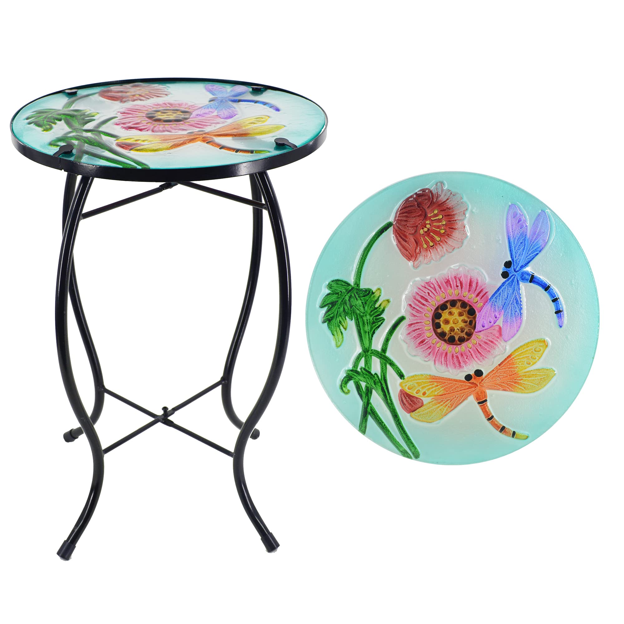 Dragonfly Patio Side Table - Small Outdoor End Table with Metal Frame & Glass Top for Porch, Garden, Yard, Pool - Perfect for Drinks, Plants & Decor