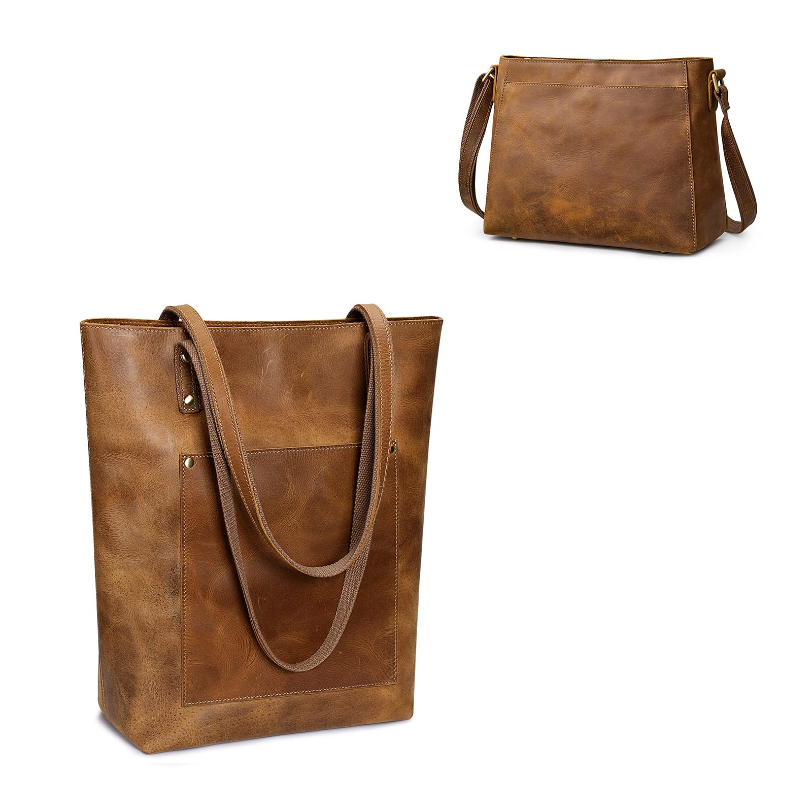 S-ZONE Genuine Leather Tote Bag for Women - Stylish Vertical Shoulder Handbag with Detachable Crossbody Strap | Perfect for Work, Travel & Everyday Use