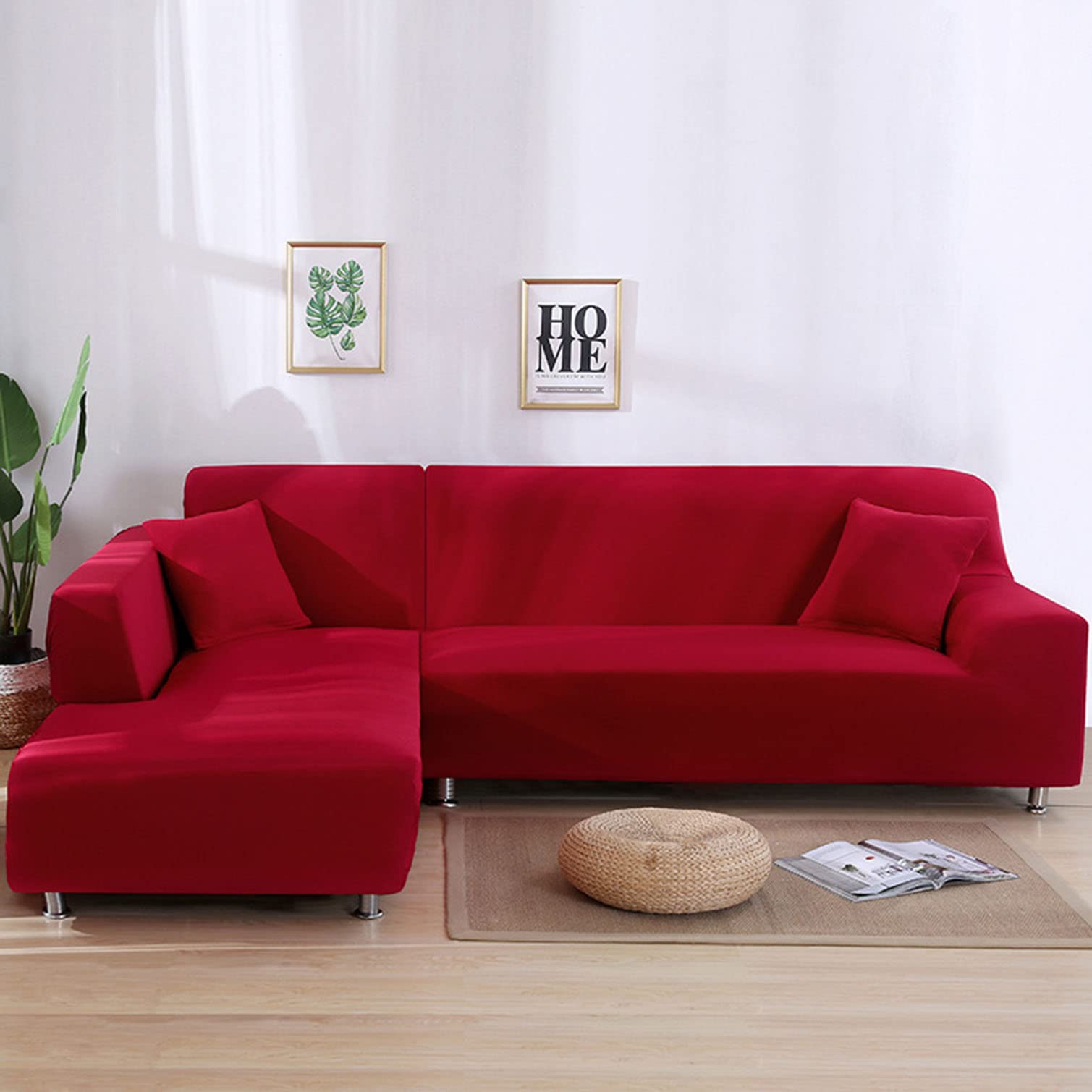 YOPOIY Milk Silk Sofa Slipcovers - Non-Slip Soft Couch Covers for L-Shaped Sectional Sofas, Modern Stylish Furniture Protector in Solid Colors (Red, 2-4 Seater + 4 Seater) - Perfect for Living Room, Family Room & Home Decor