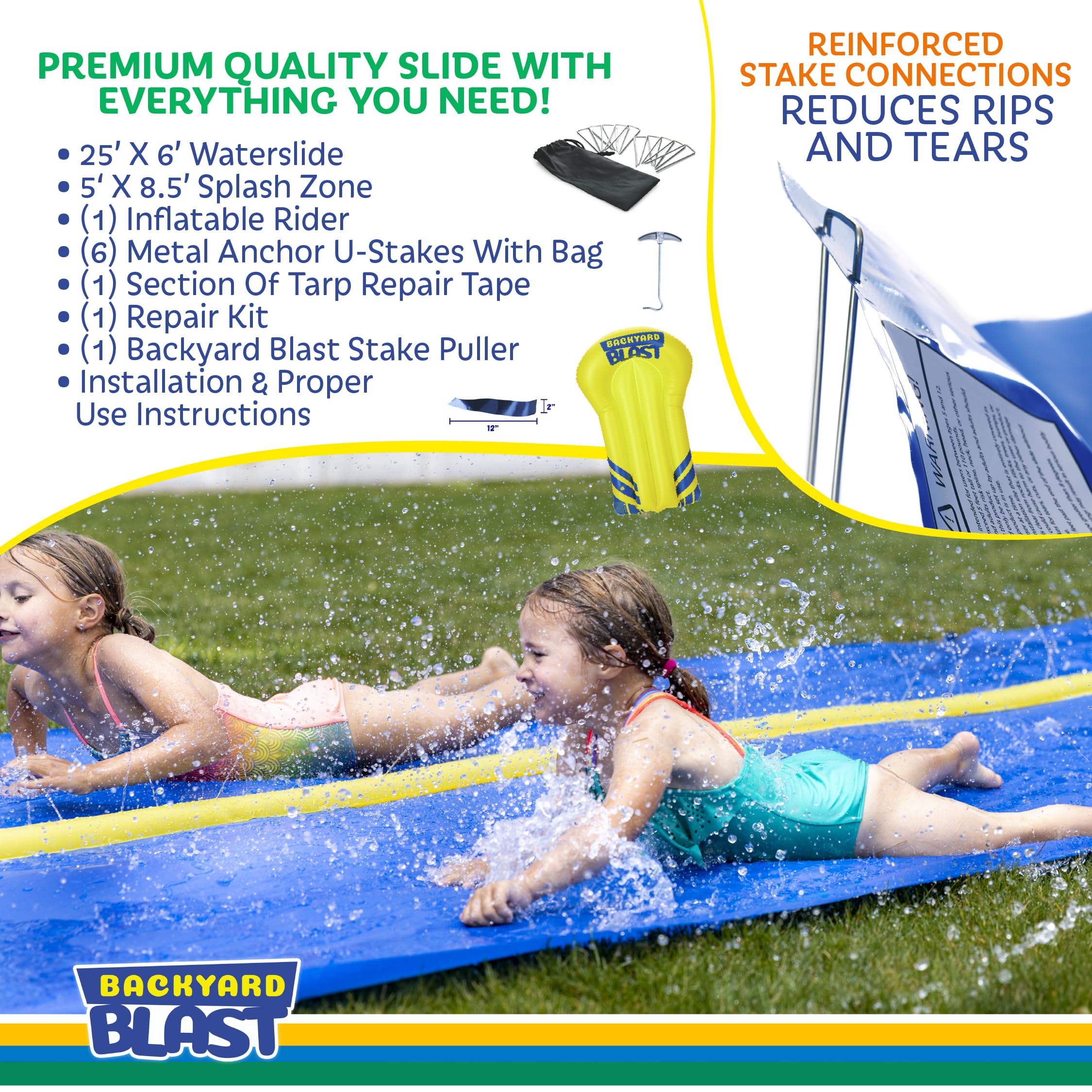 BACKYARD BLAST Heavy Duty 30ft Giant Inflatable Waterslide for Adults & Kids - Large Outdoor Water Play Slide with Splash Zone & Inflatable Riders - Perfect for Summer Parties, Backyard Fun, and Family Gatherings