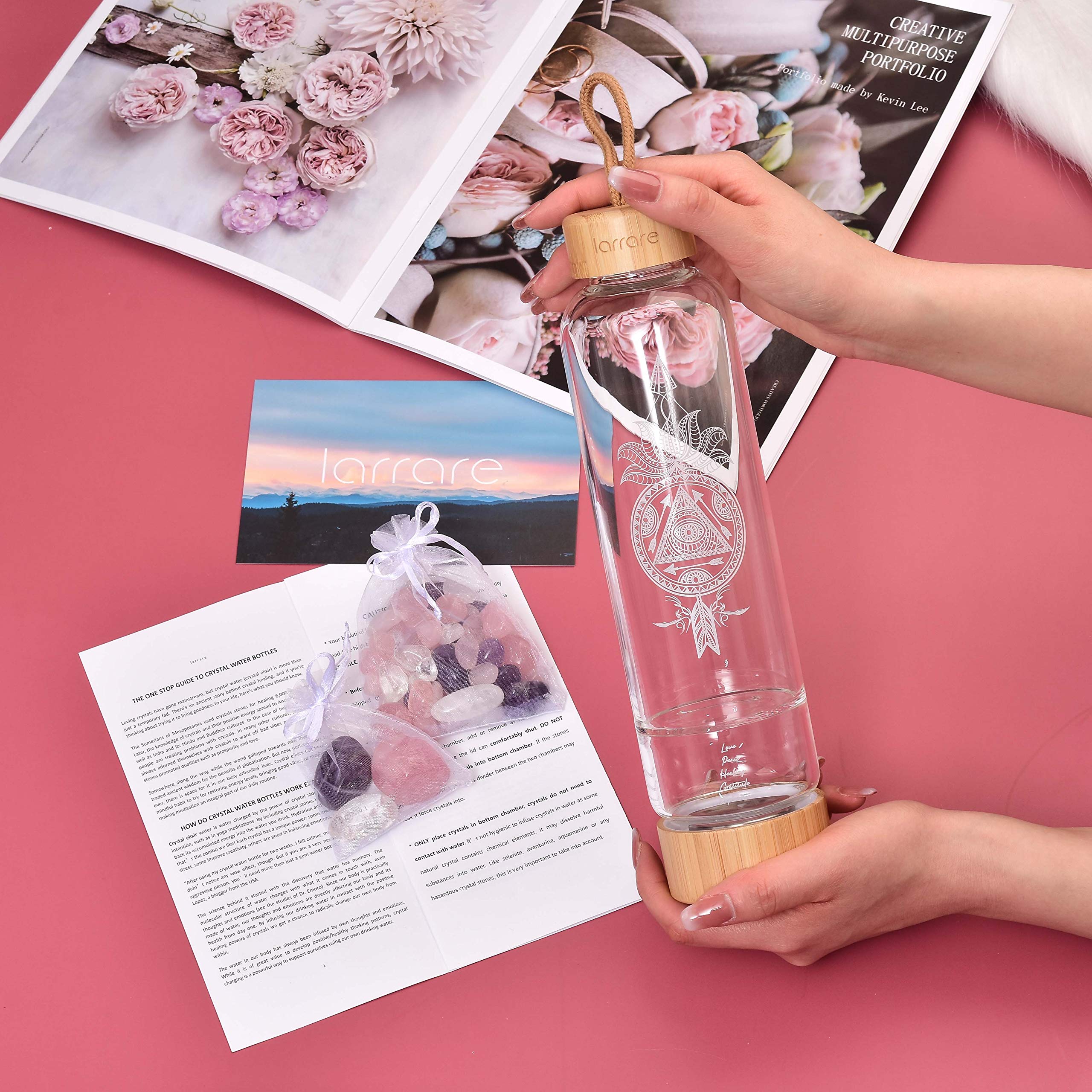 19oz Crystal Infused Water Bottle with Gemstones - Amethyst, Rose Quartz for Wellness & Hydration