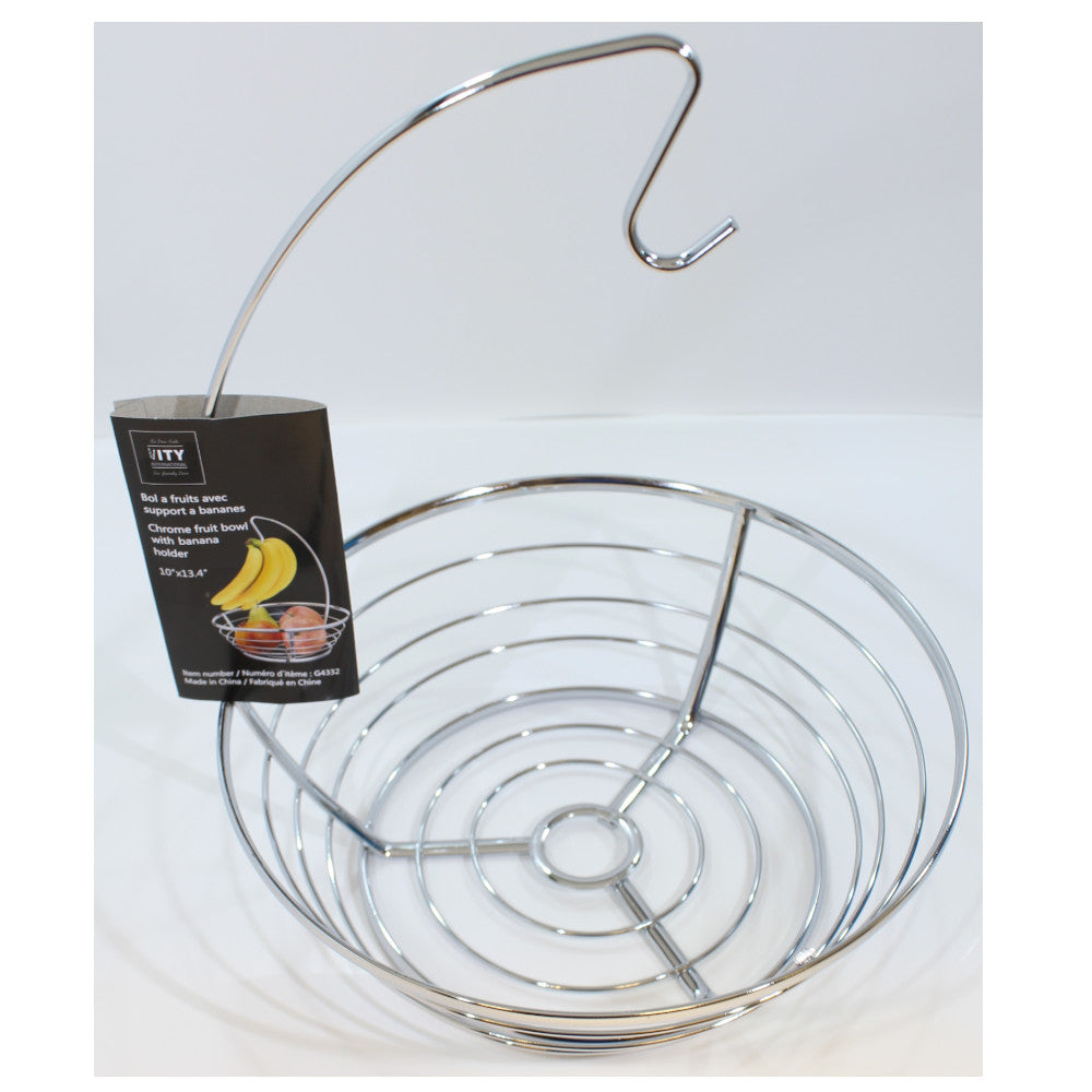 Stylish Chrome Fruit Bowl with Banana Holder - Modern Kitchen Decor for Fresh Fruits Display - Perfect for Dining Table, Countertop, and Home Organizing