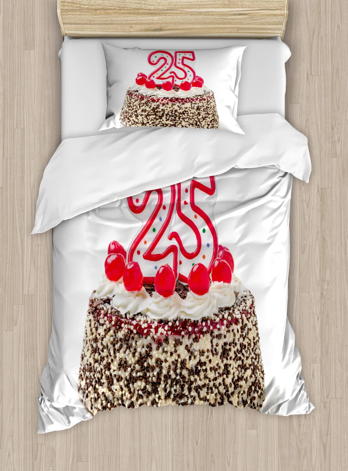 Ambesonne 25th Birthday Duvet Cover Set - 2 Twin Size Duvet Covers & Pillowcases with Chocolate Cherry Cake & Number 25 Candle Design in Red, Cream & Brown | Perfect for Birthday Decorations, Bedroom Makeovers & Gift Giving