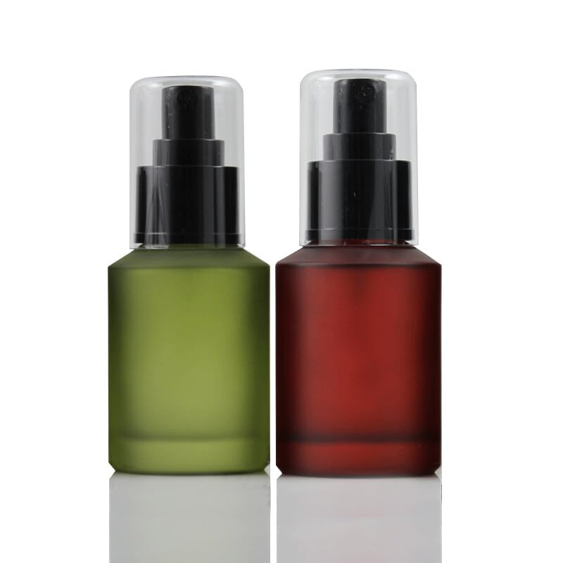 2OZ (60ml) Refillable Frosted Green Glass Pump Bottle for Cosmetic, Makeup, Lotion & Toiletries - Portable Dispenser for Skincare, Haircare & Travel Essentials