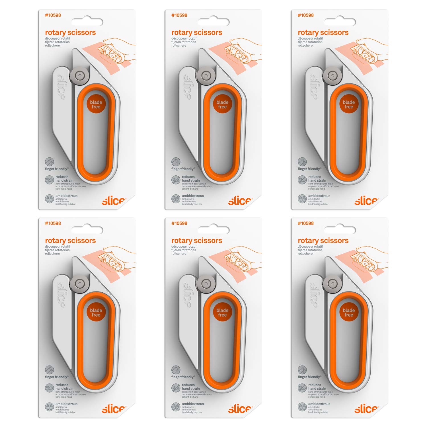 Slice 10598-CS Rotary Scissors - 6 Pack Bladeless, Ambidextrous Cutting Tool for Gift Wrapping, Basket Cellophane & Paper | Safe, Ergonomic Design for Crafting, Office & Home Use