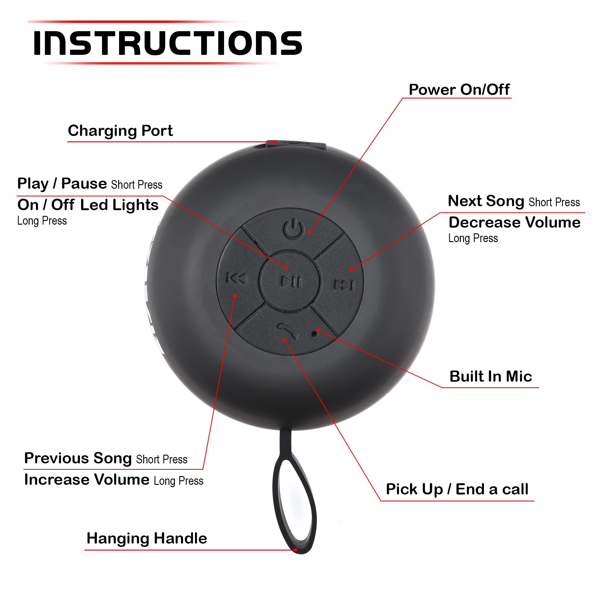 RISEBASS Waterproof Bluetooth Shower Speaker with LED Light - Portable Wireless Speaker with Hands-Free Calling, TWS Stereo Sound - Perfect for Bathroom, Kitchen, Outdoor Activities, Beach, Kayaking & Gifts (Black)