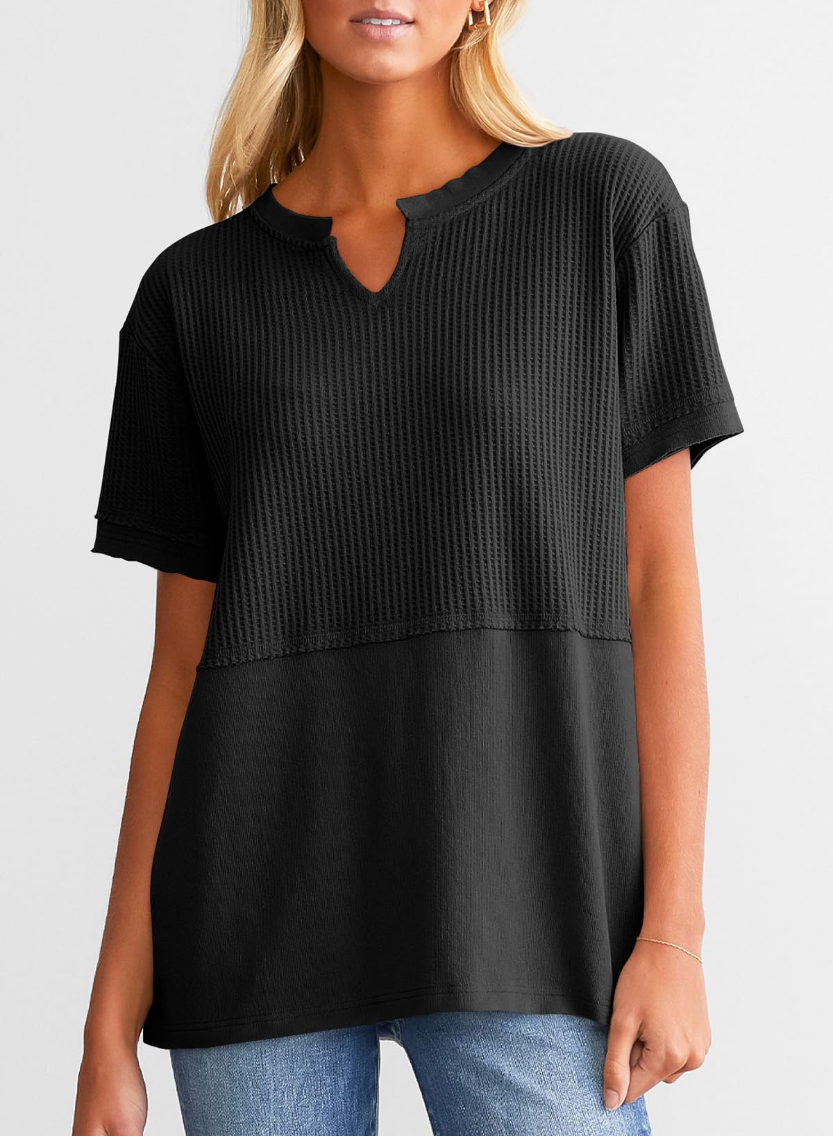 SHEWIN Women's Casual V-Neck Waffle Knit Short Sleeve T-Shirt - Loose Fit Blouse for Summer, Spring & Fall | Perfect for Work, Travel & Everyday Wear