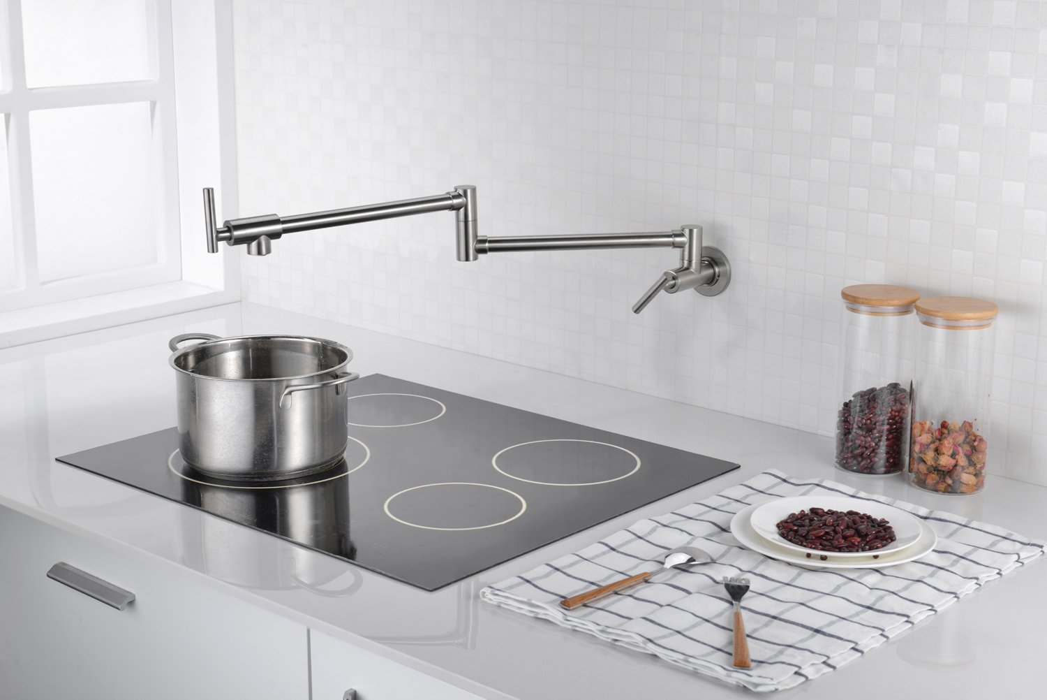 SUMERAIN Wall Mount Pot Filler Faucet - Brushed Nickel Finish with Dual Swing Joints - Perfect for Kitchen Sink, Stove & Cooking Area