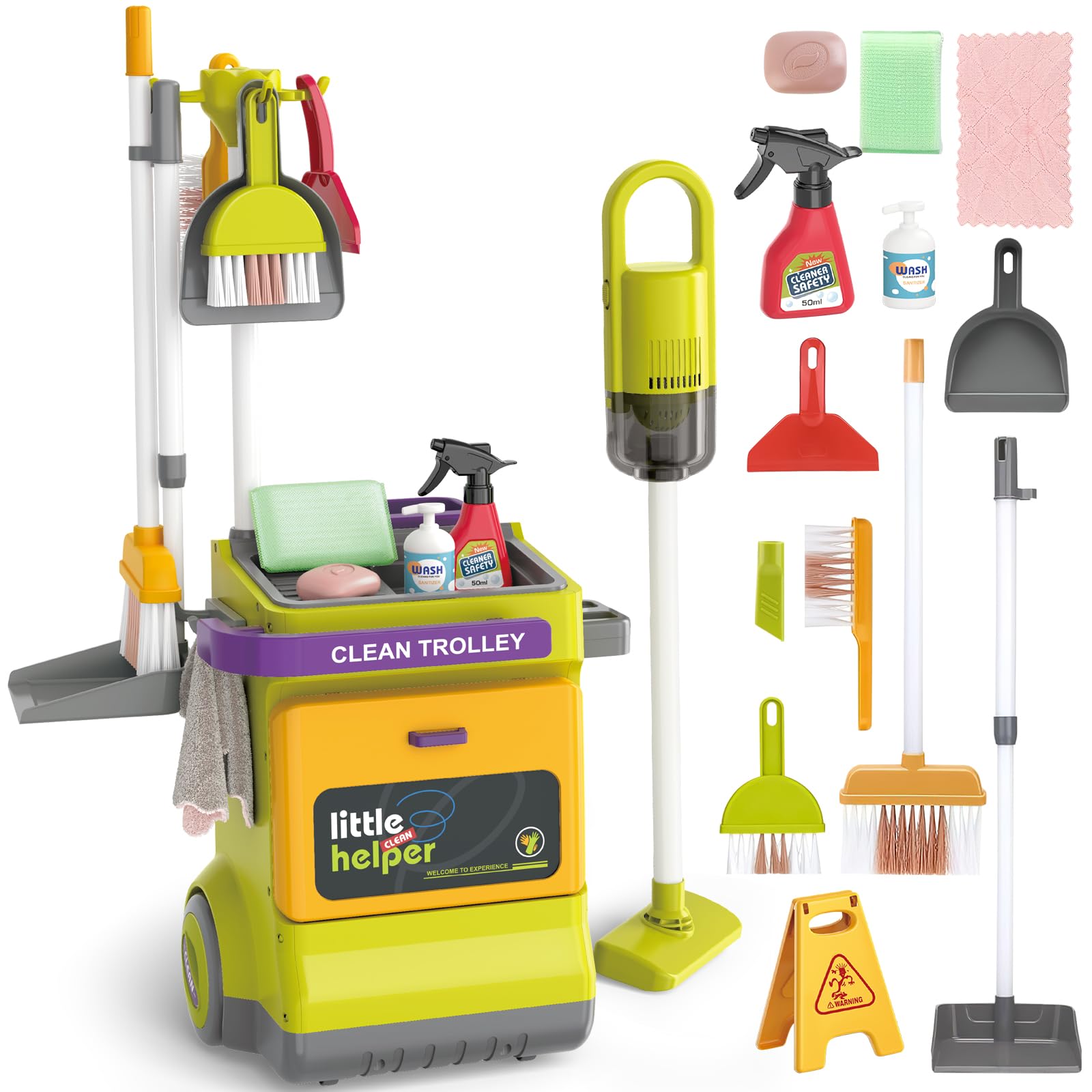 deAO 14-Piece Kids Pretend Play Cleaning Set with Real Working Vacuum, Broom & Spray Bottle - Educational Toy Housekeeping Kit for Toddlers Ages 3-5 - Perfect for Role Play, Early Learning & Developing Responsibility (Great Gift for Boys & Girls)