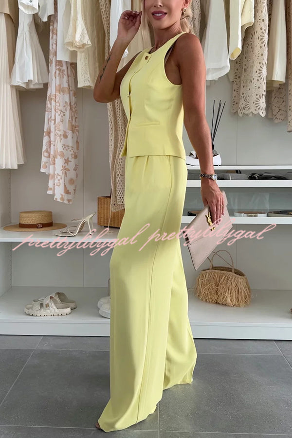 Stylish Women's Sleeveless Button Vest & Relaxed Pocket Wide Leg Pants Set - Office Workwear & Business Casual Outfit for Professional Women