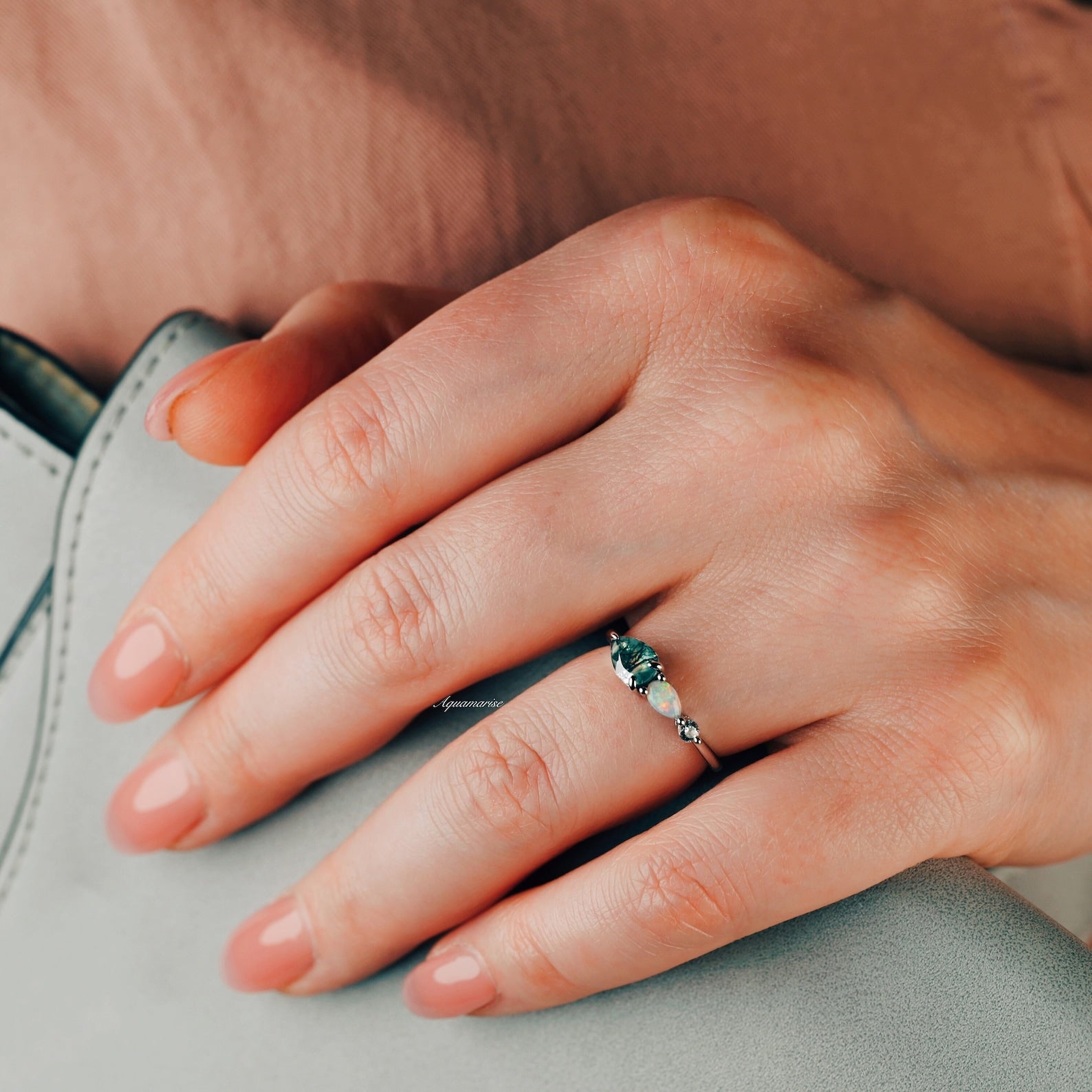 Natural Green Moss Agate & Fire Opal Ring - 14K Rose Gold Vermeil Jewelry for Women | Elegant Statement Ring for Wedding, Party & Everyday Wear