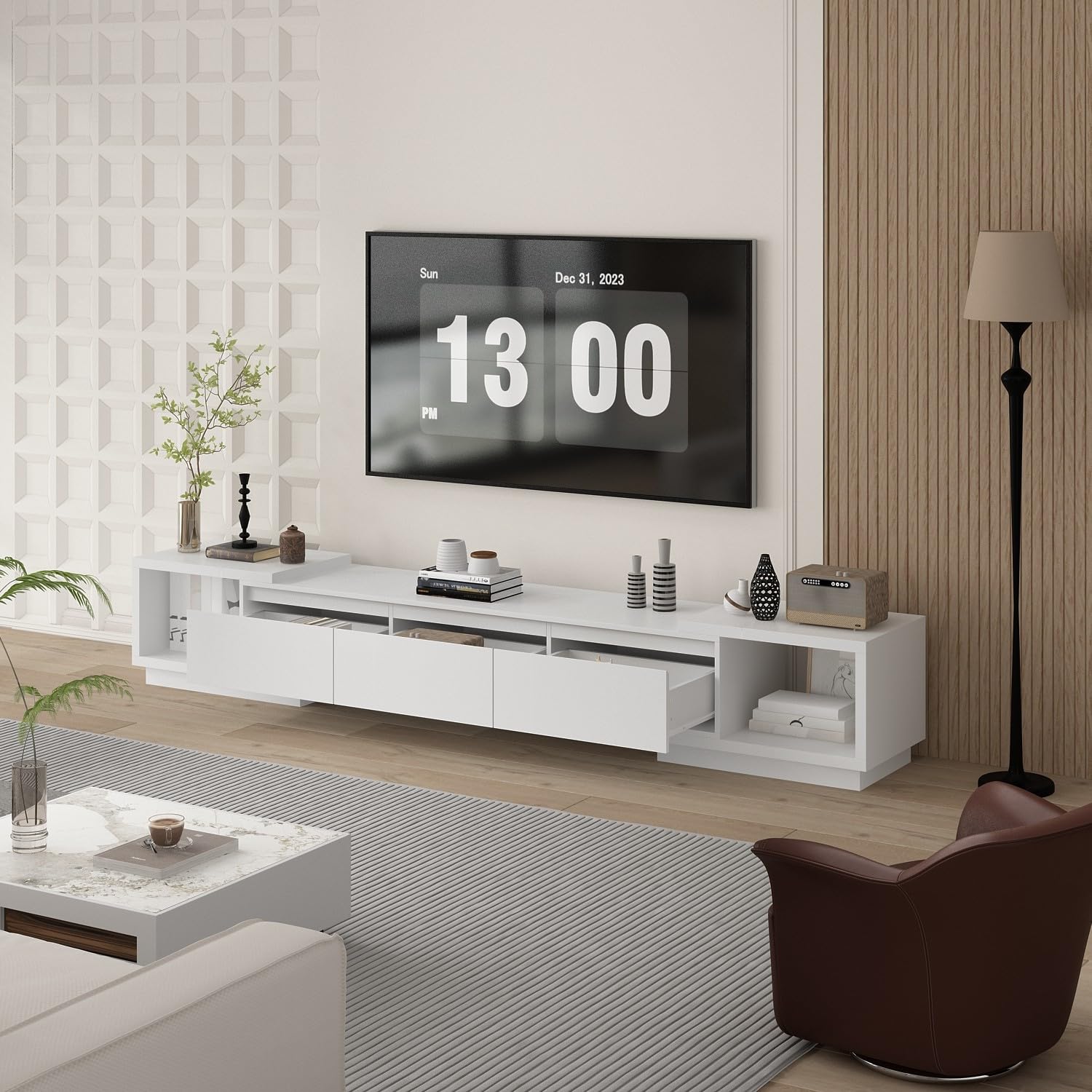 Modern Extendable TV Stand with Drawers - FAMAPY 65.4-106.3 Inch Adjustable TV Console Table, Contemporary Entertainment Center & Media Storage Cabinet for Living Room, Bedroom, Home Theater (White) - Perfect for Small Spaces & Apartment Living