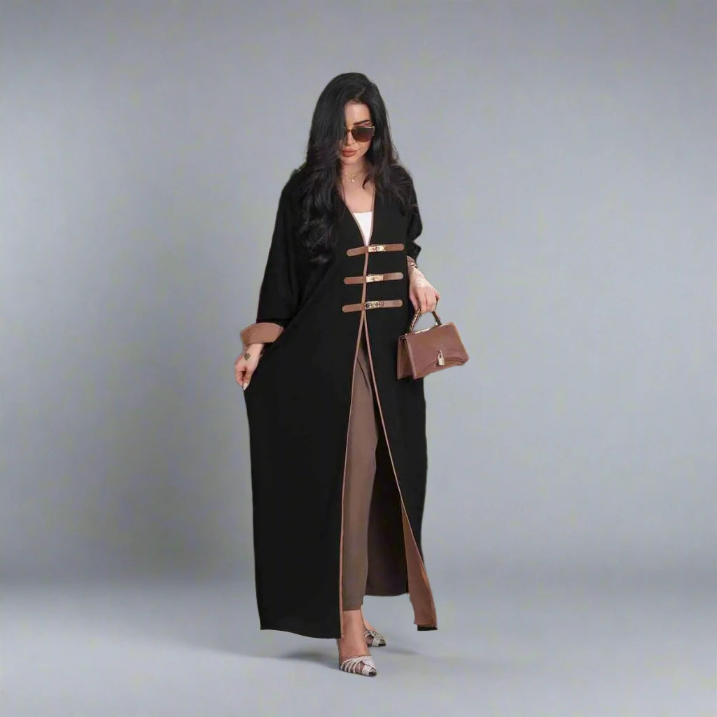 Premium Leather Buckle Women's Open Abaya Dress - Elegant Islamic Modest Fashion for Daily Wear & Special Occasions