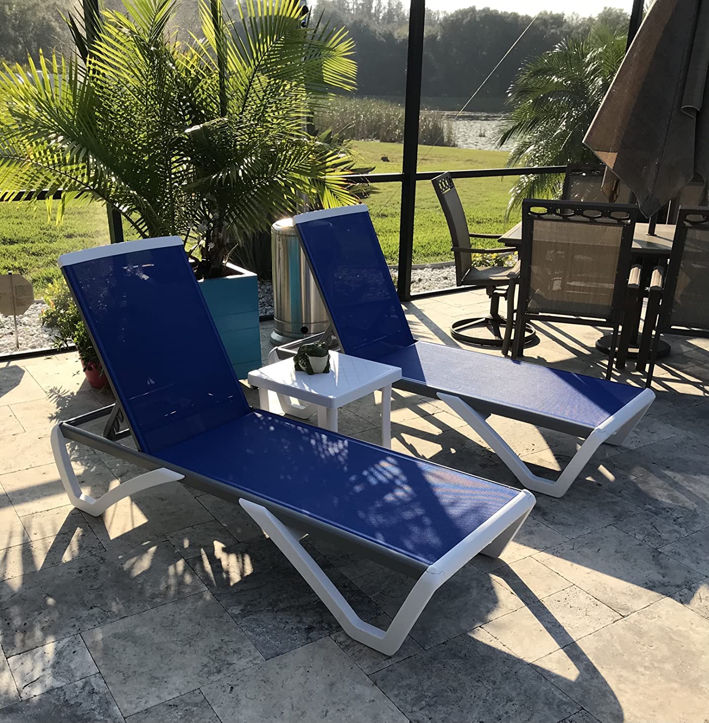 **Domi Outdoor Living Adjustable Aluminum Patio Chaise Lounge - Lightweight Plastic Pool Lounge Chair Set (2 Blue Lounges with Side Table) - Perfect for Backyard, Poolside & Beach Relaxation**