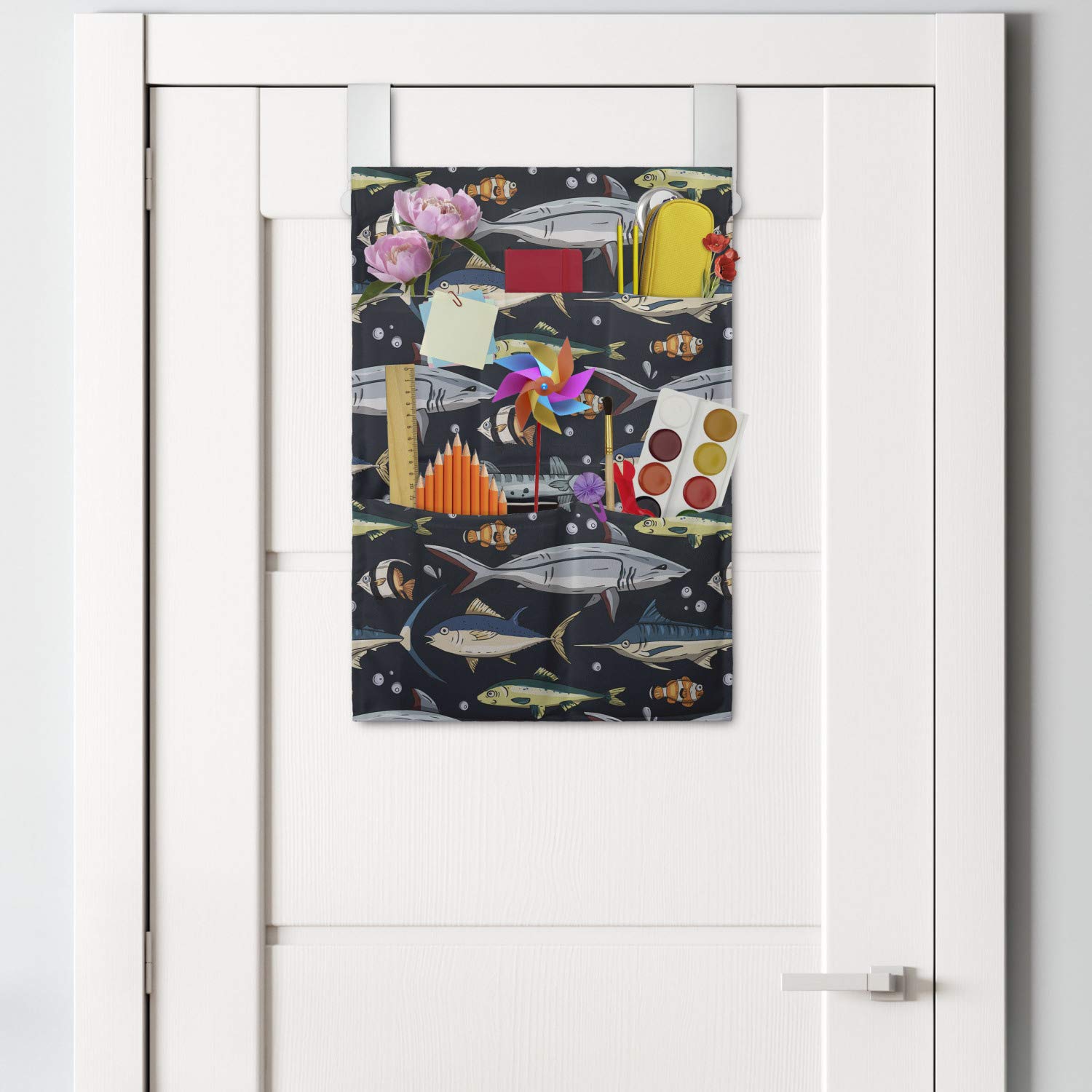 Ambesonne Nautical Hanging Pocket Organizer - Ocean Fish & Bubbles Pattern, 14