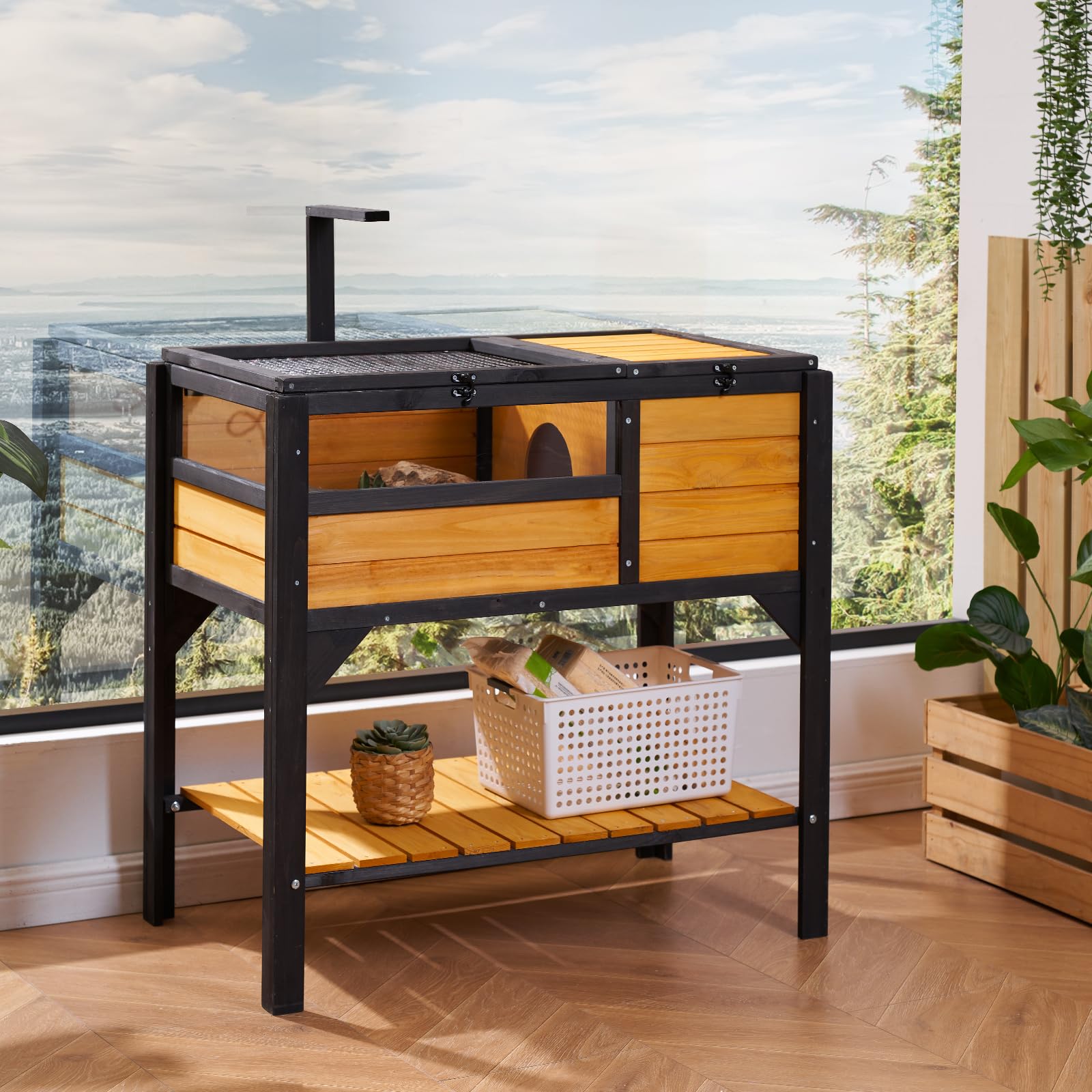 VEVOR Cedar Wooden Tortoise Habitat - Indoor & Outdoor Reptile Enclosure with Light Stand & Legs for Geckos, Lizards, Snakes | Durable Small Animal Cage for Pet Turtles & Tortoises - Perfect for Backyard Gardens, Terrariums & Reptile Shelters