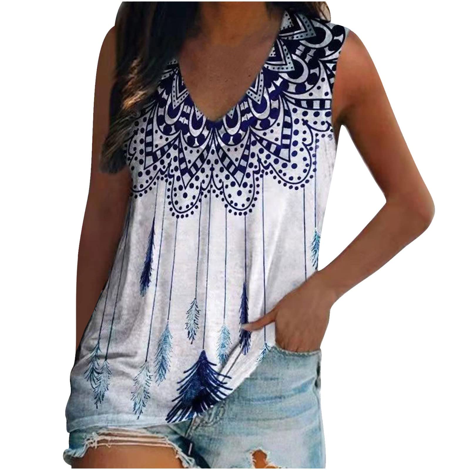 Messigaot Women's V-Neck Sleeveless Graphic Tank Tops - Western Ethnic Style Geometric Rhombus Printed Casual Shirts for Summer, Festivals & Boho Outfits