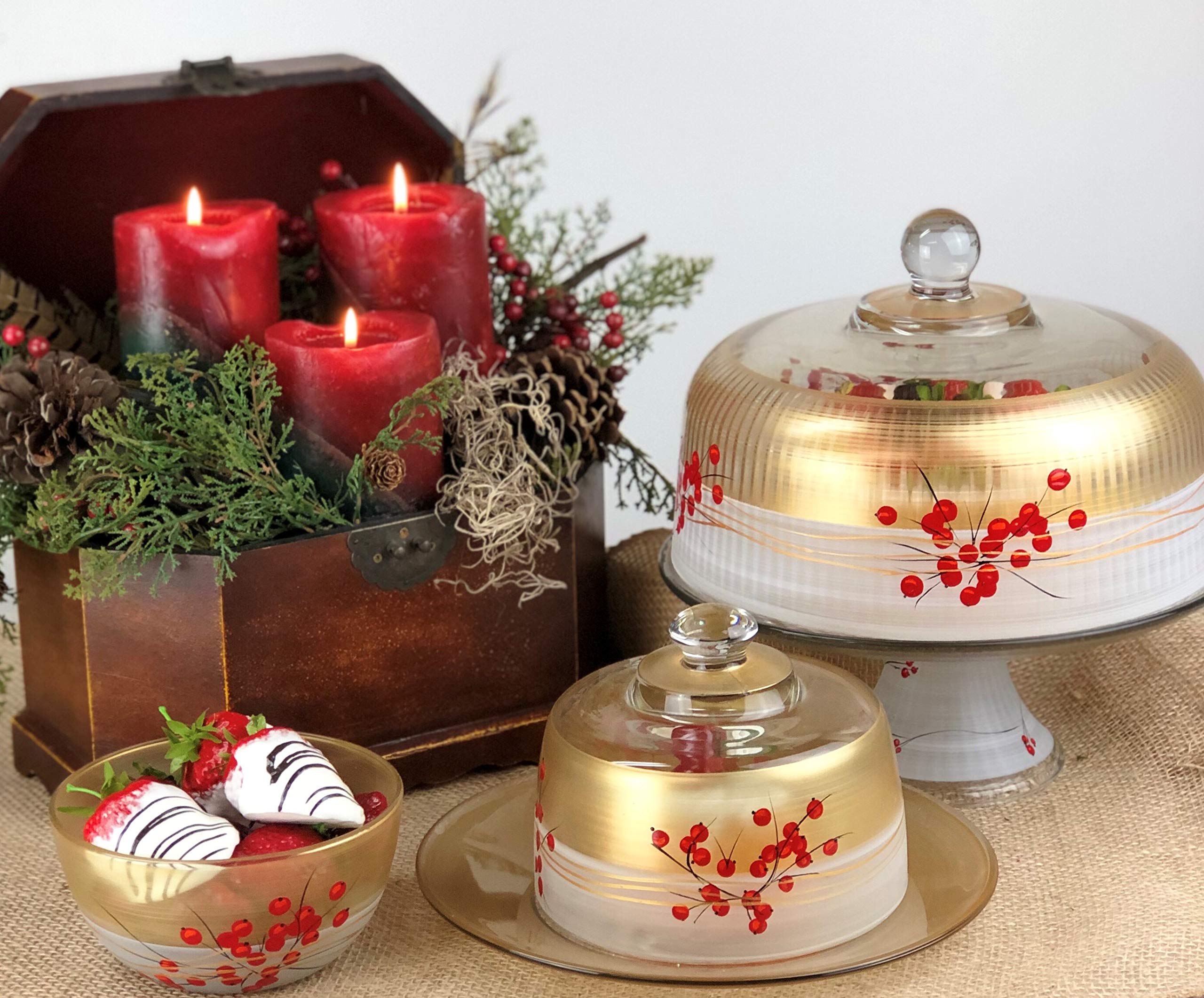 Hand Painted Glass Cake Stand with Cover - Winter Berries & Branches Collection - Decorative Cake Dome for Desserts & Pastries - Unique Holiday Serving Platter for Christmas, Weddings & Special Occasions - Made in USA