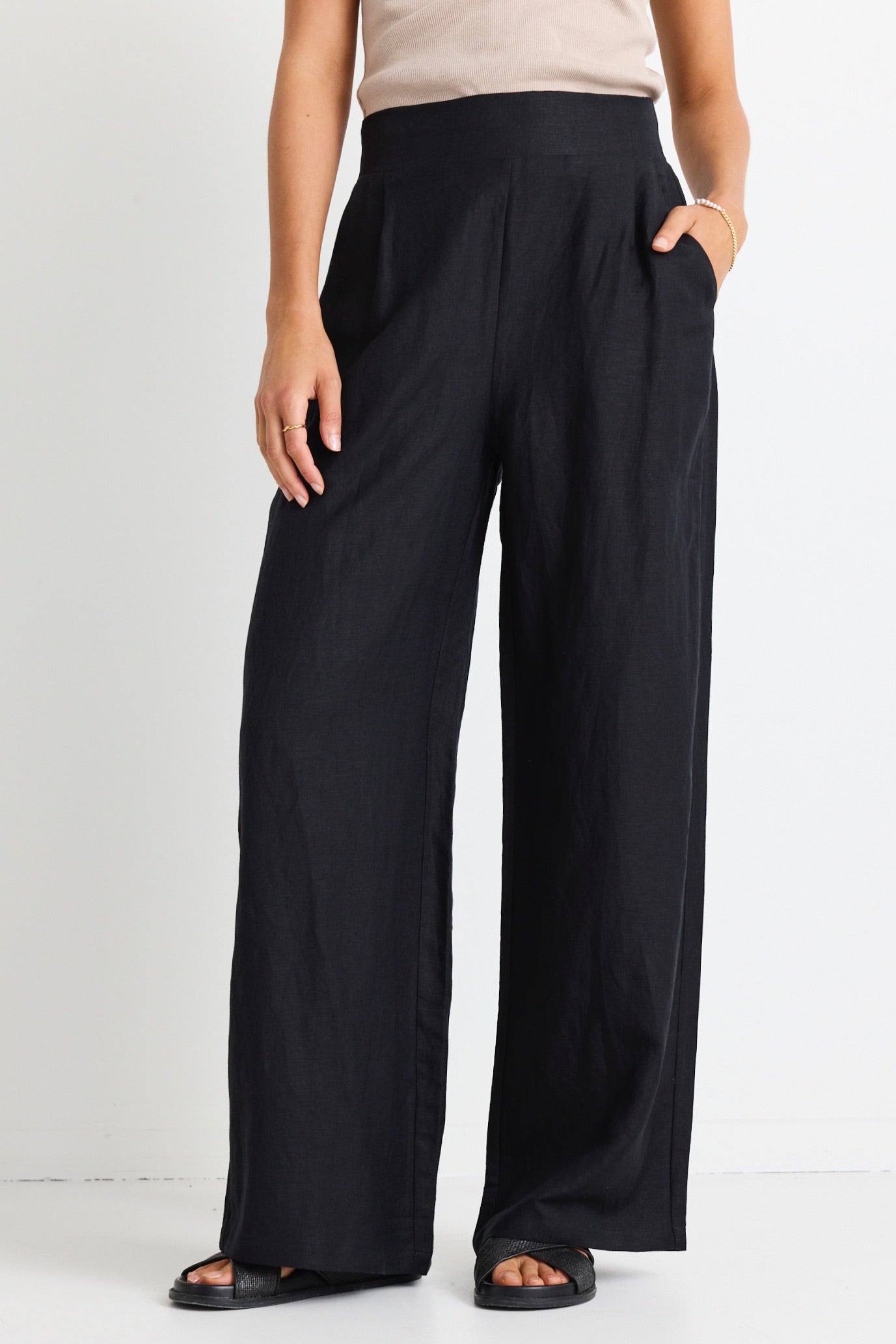 Guardian Black Linen Viscose Elastic Waist Pants for Women - Comfortable Stretch Pull-On Trousers for Work, Travel & Casual Wear