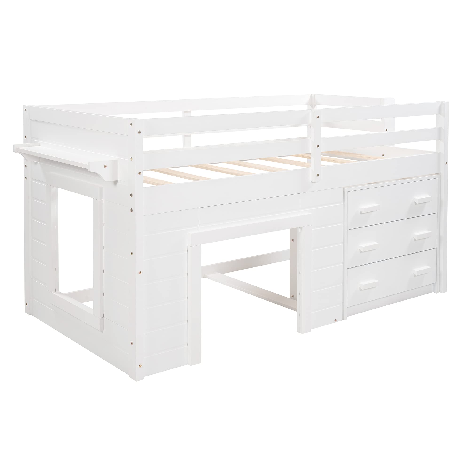 Harper & Bright Designs Wooden Twin Loft Bed with Storage Drawers, Cabinet & Bedside Tray - Low Loft Bed for Kids, Girls & Boys (White) - Perfect for Small Bedrooms, Dorm Rooms & Space-Saving Kids' Rooms