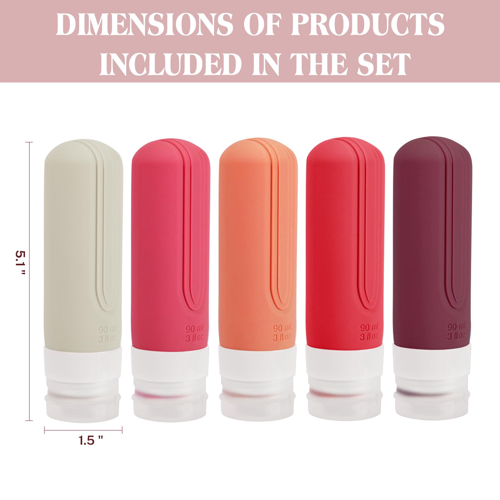 5 Pack TSA Approved Leak Proof Silicone Travel Bottles (3oz) - Refillable Toiletry Containers for Shampoo, Conditioner & Cosmetics | Perfect for Air Travel, Gym & Vacation Essentials