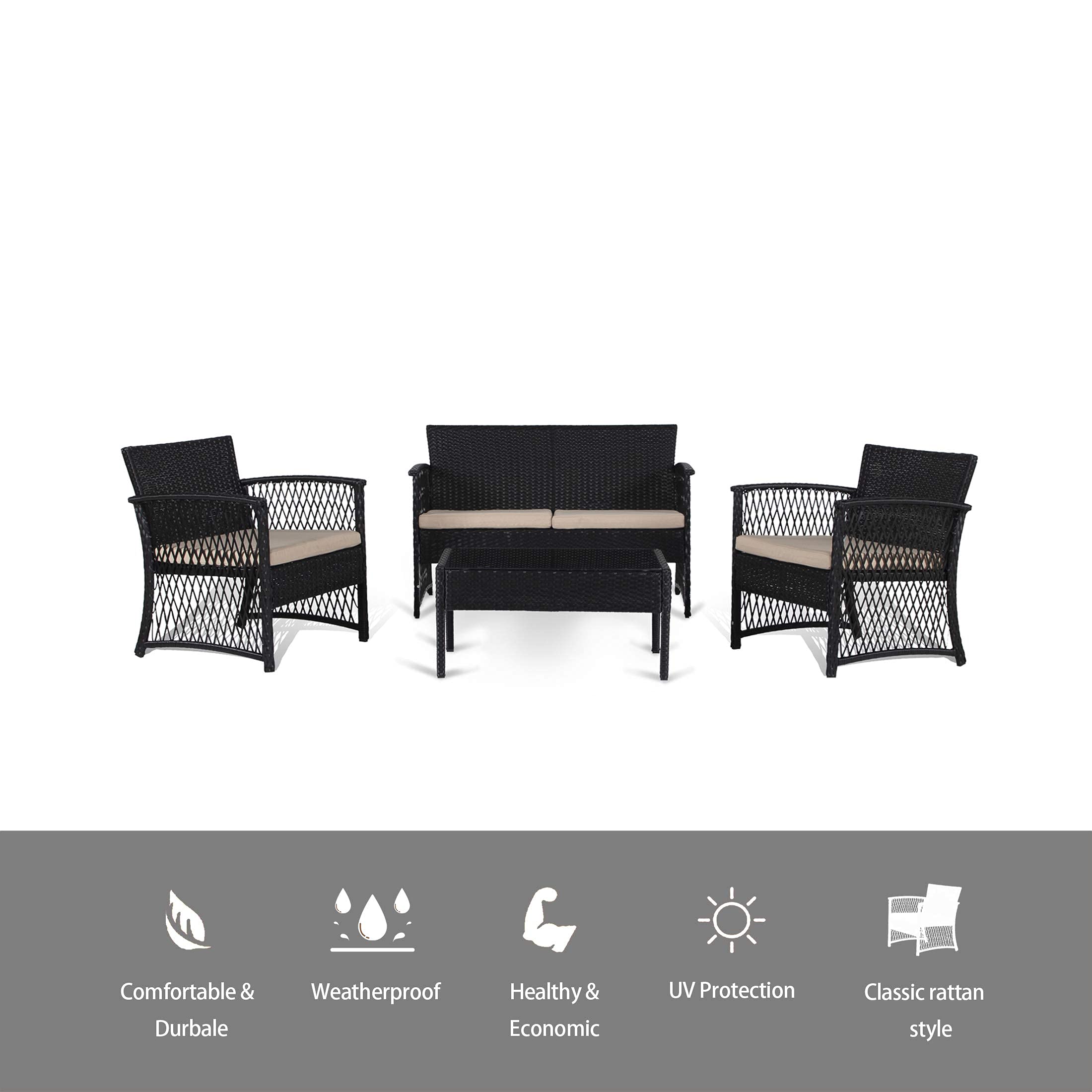 WestinTrends 4-Piece Outdoor Patio Furniture Set - Black Wicker Rattan Sofa with Cushions & Coffee Table, Modern Conversation Set for Garden, Backyard, Poolside or Balcony (Black/Beige)