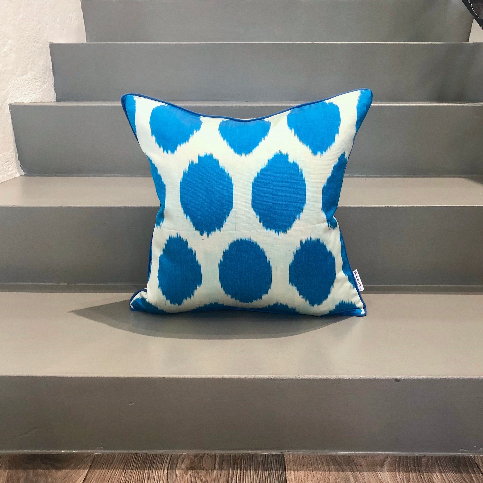 Luxury Silk Ikat Cushion Cover - Vibrant Neon Blue Bohemian Throw Pillow for Sofa, Bed & Home Decor | Handmade Ikat Pillow Case for Living Room, Bedroom & Nursery