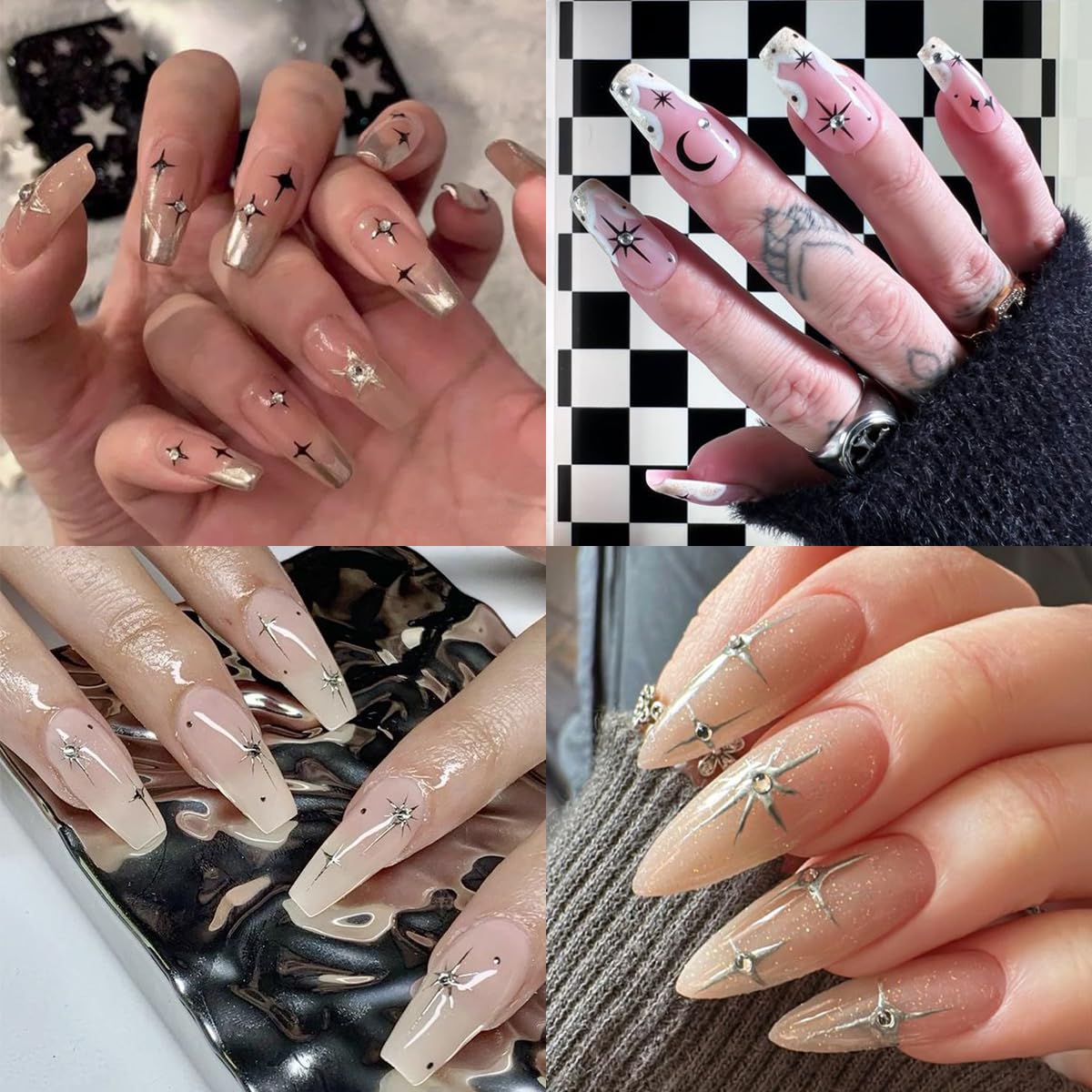 6 Sheets 3D Self-Adhesive Star Nail Stickers - Gold Silver Black Crystal Diamond Nail Art Charms for Women | Chrome Nail Decals for Acrylic Manicure & Gel Polish Decorations | Perfect for Parties, Weddings, and Special Occasions