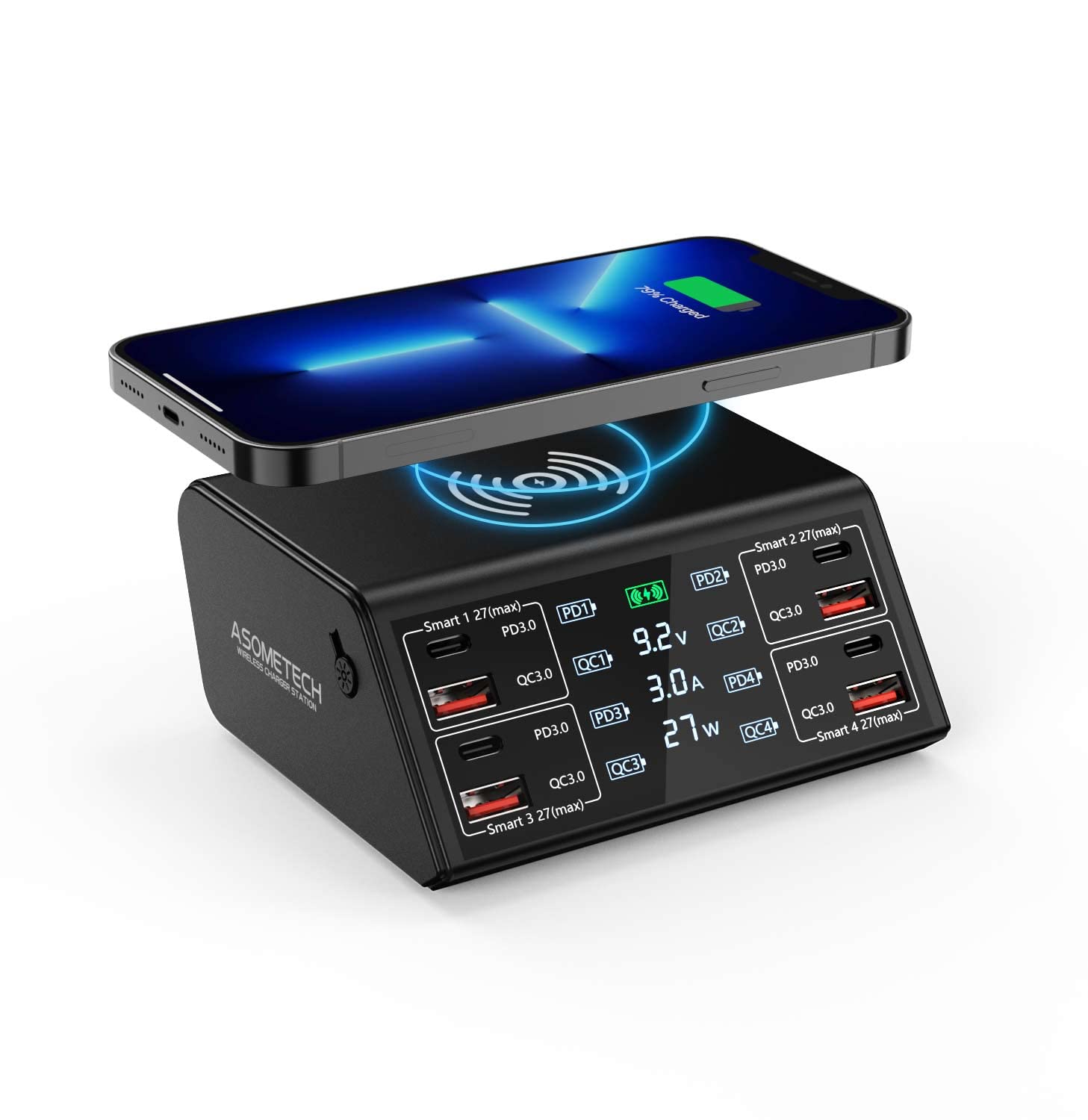 ASOMETECH 100W 8-Port USB Charging Station with 4 QC 3.0 & 4 USB-C PD Ports - Fast Wireless Charger Hub with LCD Display for iPhone 13/12, iPad, Samsung Galaxy - Perfect for Home, Office, Travel & Multi-Device Charging