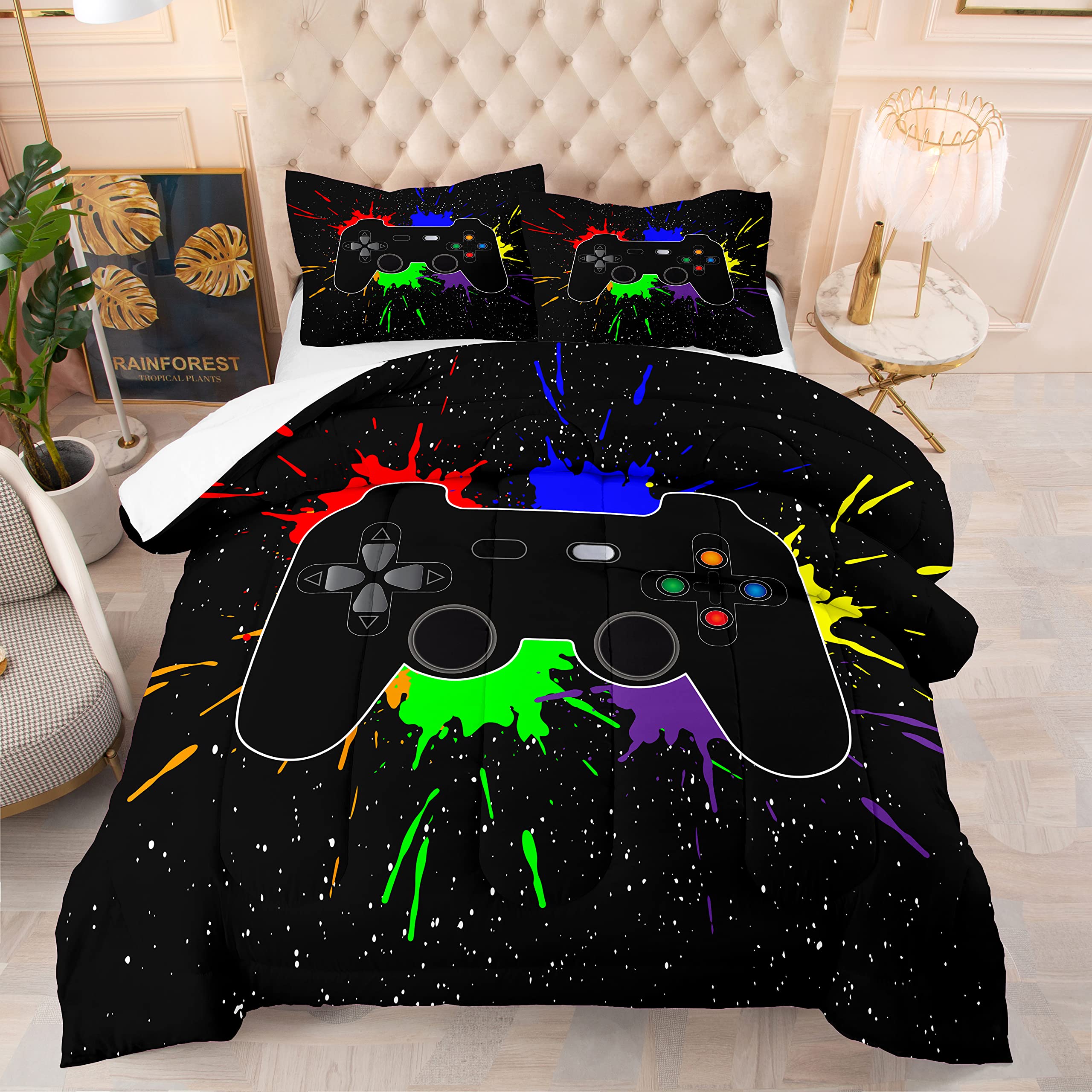 Black Gaming Comforter Set Queen Size for Kids & Teens - Video Game Themed Bedding with 1 Comforter & 2 Pillowcases - Perfect for Boys' Bedrooms, Gaming Rooms & Sleepovers