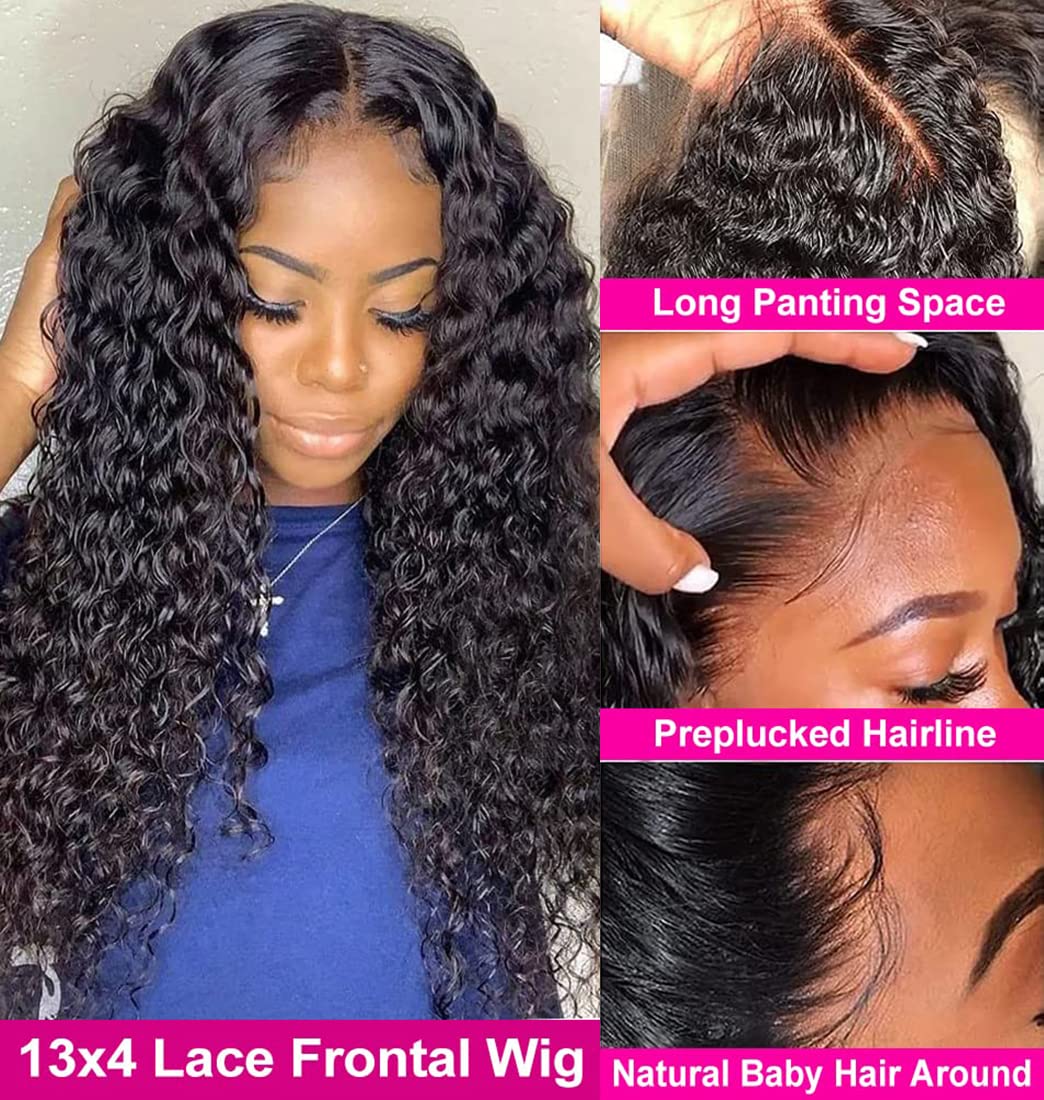 28 Inch Lace Front Human Hair Wig - Deep Wave 180% Density Glueless Natural Curly Black Wig with Medium Cap Size & Full Coverage (Clips/Combs Attachment) for Everyday Wear, Parties, Cosplay & Special Occasions