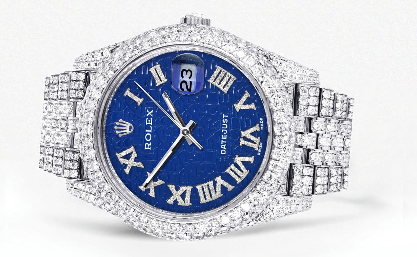 Luxury Diamond Iced Out Rolex Datejust 41 Watch - 25 Carats Genuine Diamonds | Custom Blue Text Pattern Dial | Two Row Jubilee Bracelet | Perfect for Gifts, Special Occasions & Luxury Fashion