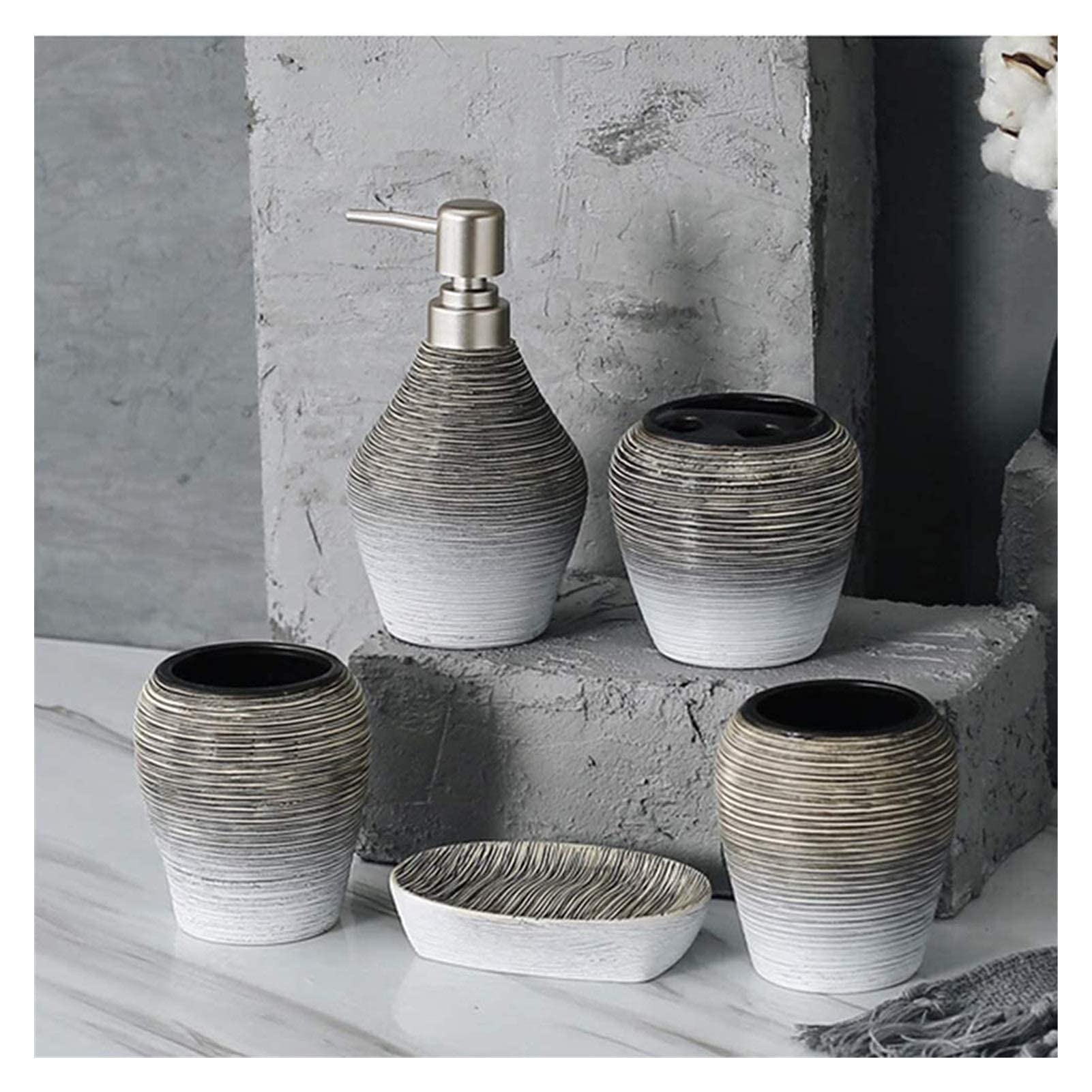 5-Piece Textured Ceramic Soap Dispenser Set with Soap Dish & Toothbrush Holder - Elegant Bathroom Accessories for Home, Hotel & Spa Decor