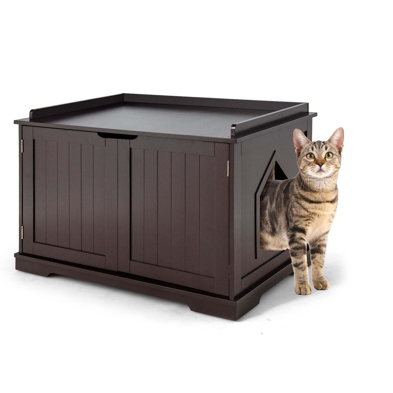 PETSITE Wooden Cat Litter Box Enclosure - Hidden Litter Box Furniture with Door & Removable Divider, Large Cat Washroom Bench Cabinet (Brown) - Perfect for Small Spaces & Multi-Cat Homes