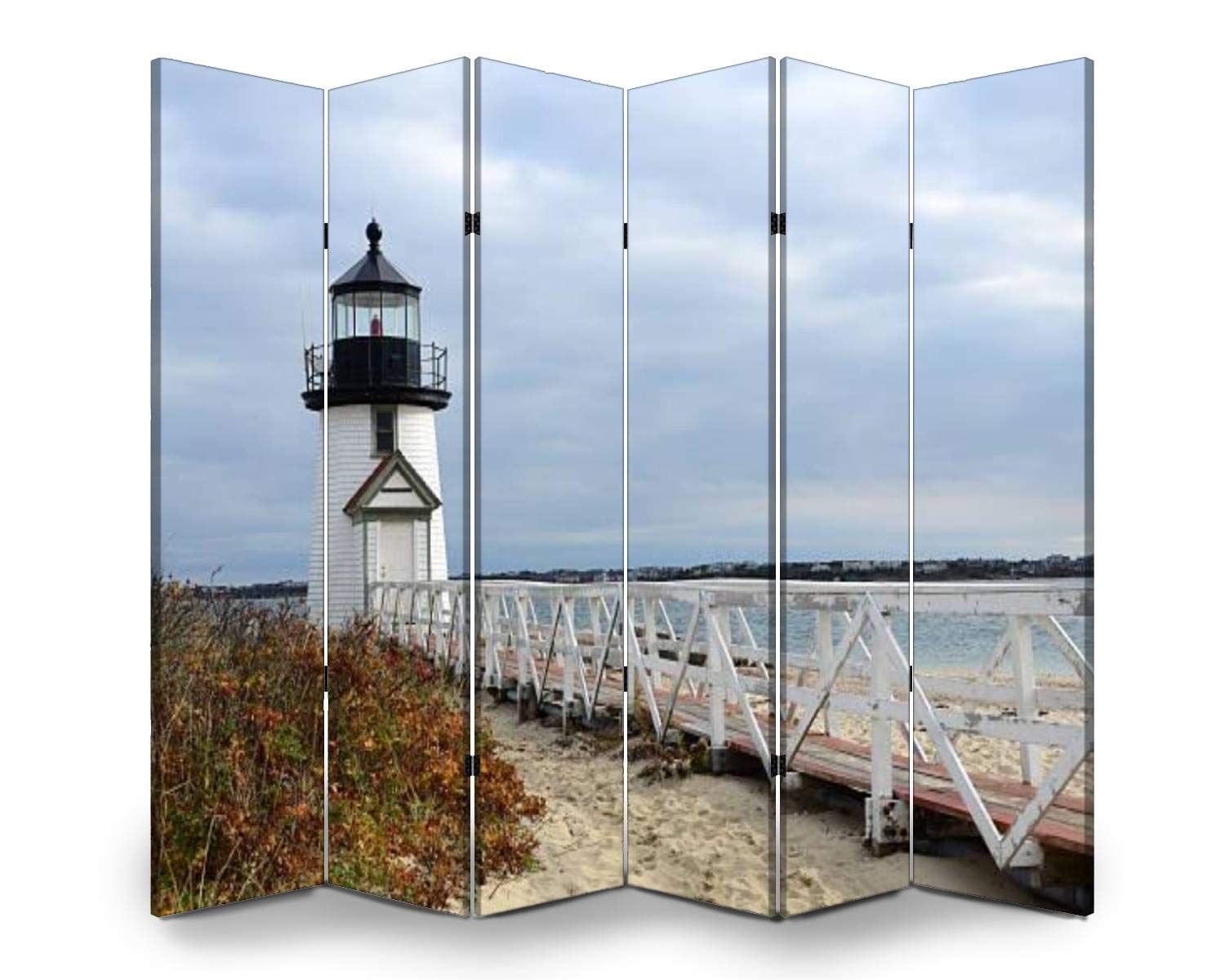 6-Panel Folding Room Divider Screen - Lightweight Freestanding Privacy Partition for Indoor/Outdoor Use - Nantucket Lighthouse Design - Perfect for Home Office, Bedroom Separation, and Event Spaces